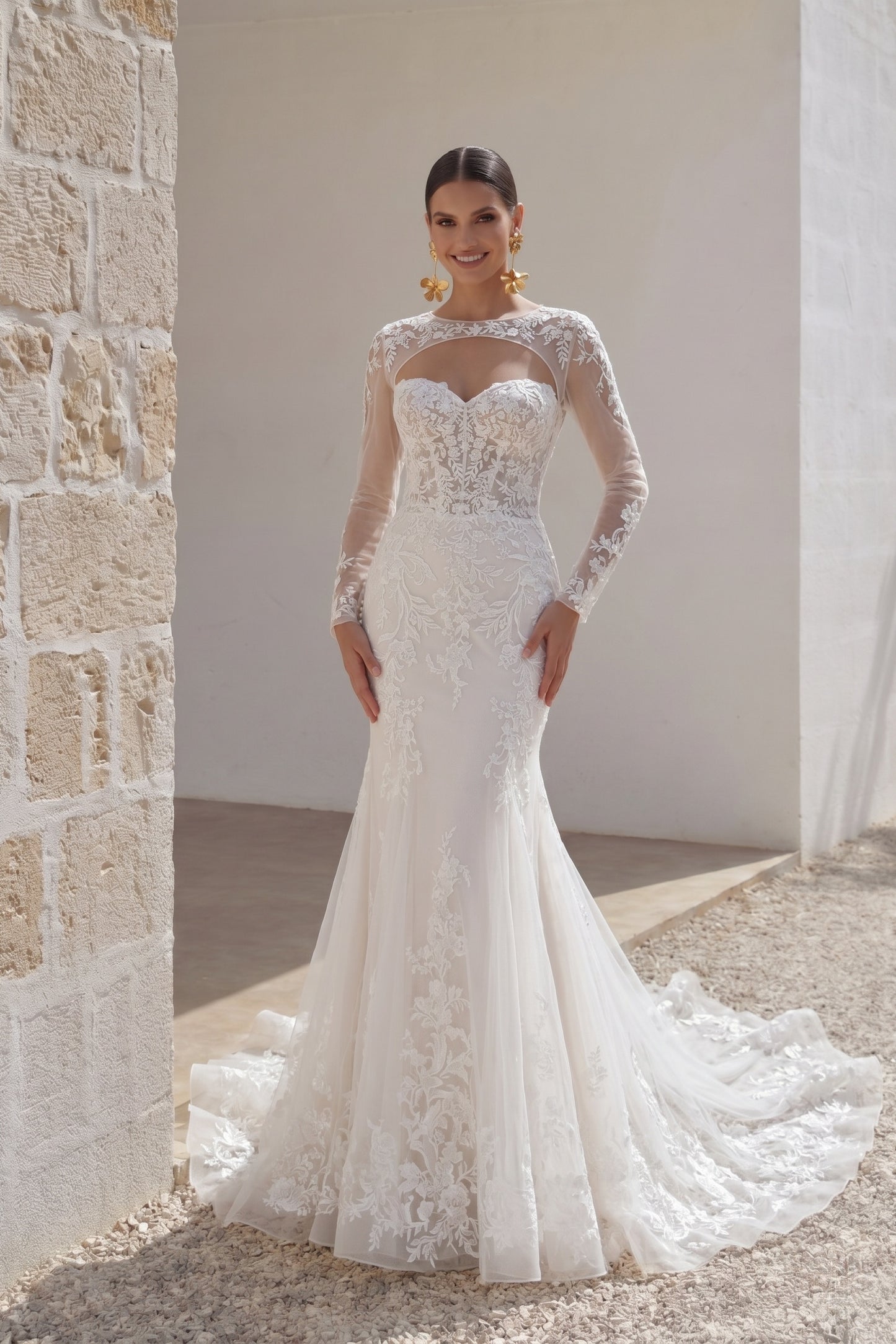 Trumpet-Mermaid Chapel Train Lace Tulle Wedding Dress CW3282