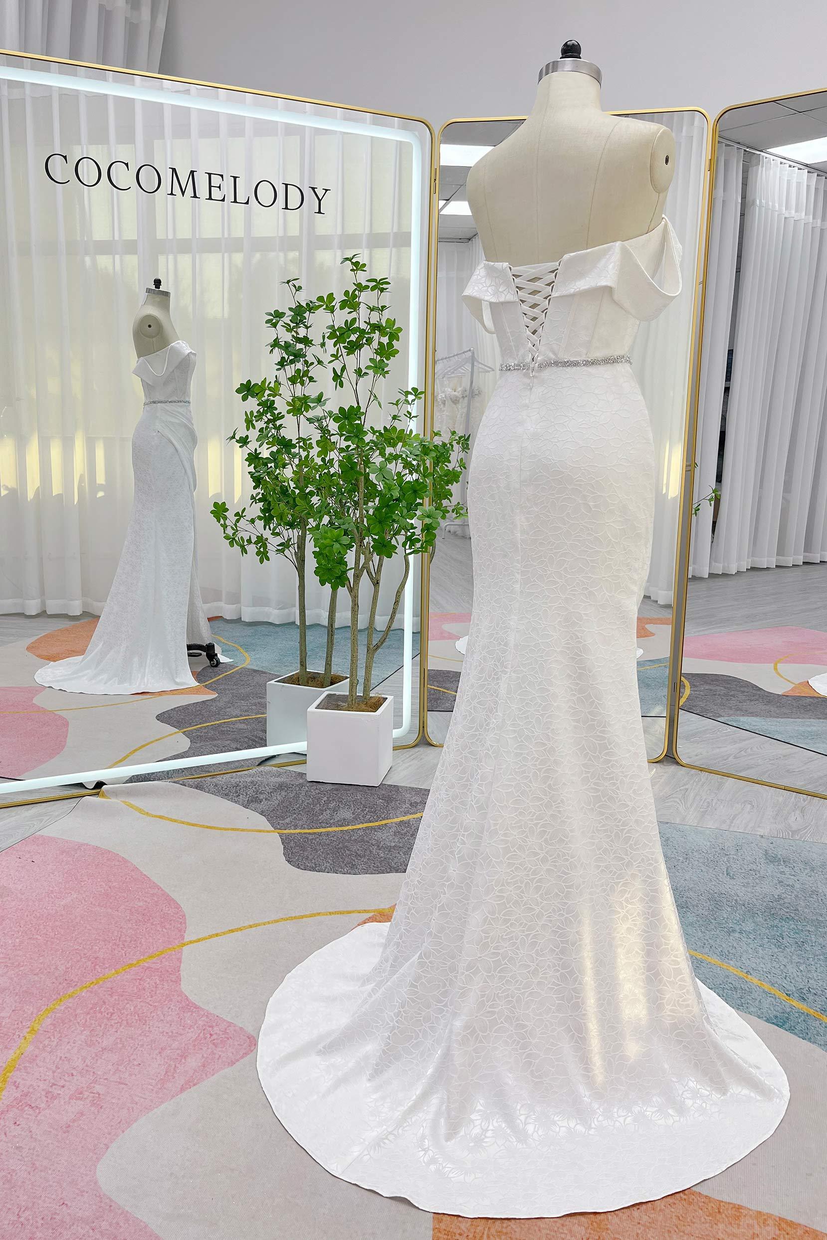 Mermaid Sweep-Brush Train Jacquard Satin Wedding Dress CW3283 - COCOMELODY