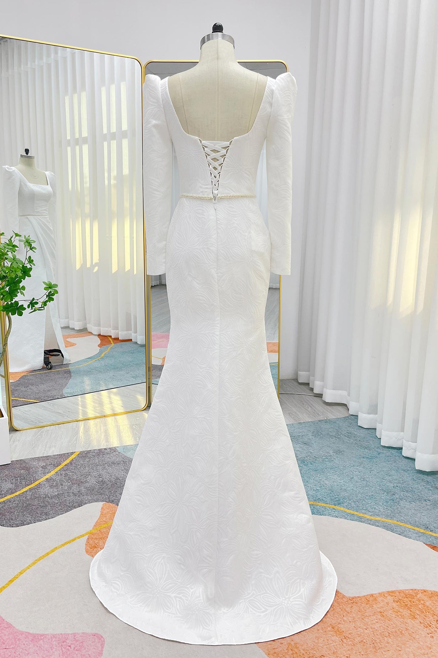 Mermaid Sweep-Brush Train Jacquard Satin Wedding Dress CW3284 - COCOMELODY