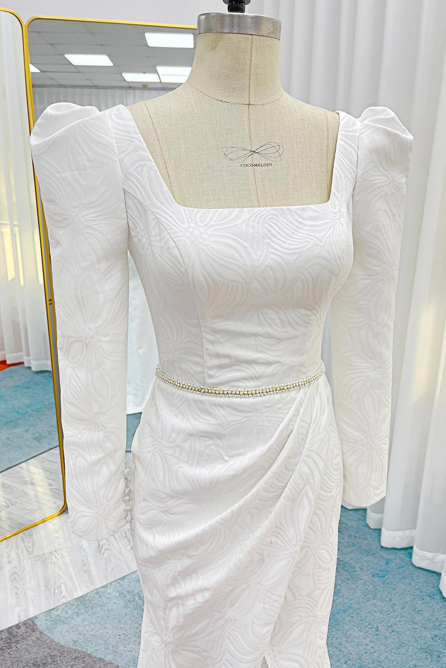 Mermaid Sweep-Brush Train Jacquard Satin Wedding Dress CW3284 - COCOMELODY