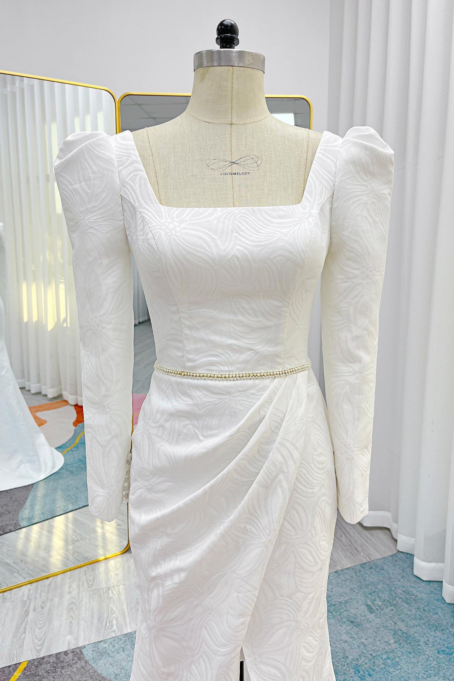 Mermaid Sweep-Brush Train Jacquard Satin Wedding Dress CW3284 - COCOMELODY