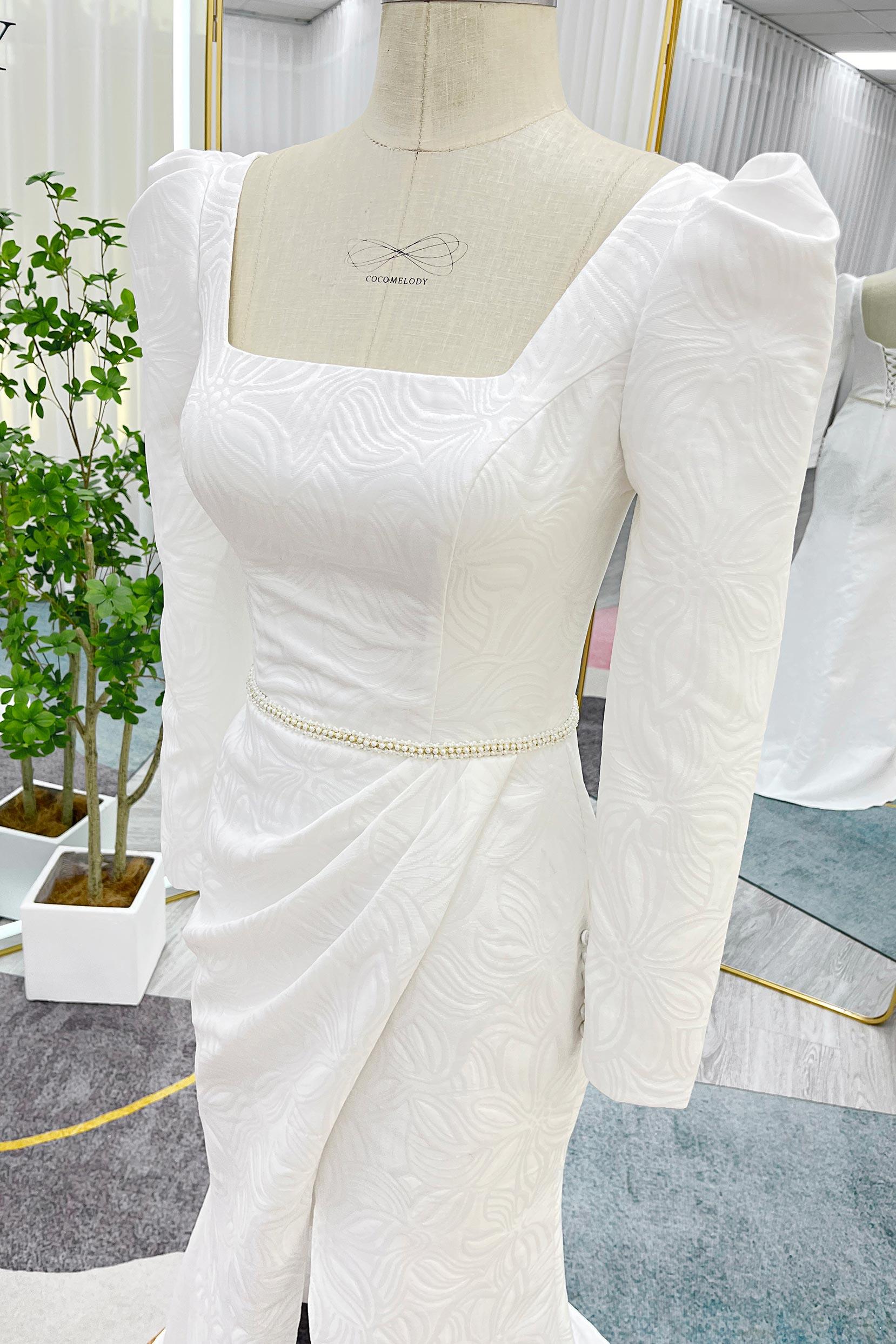 Mermaid Sweep-Brush Train Jacquard Satin Wedding Dress CW3284 - COCOMELODY