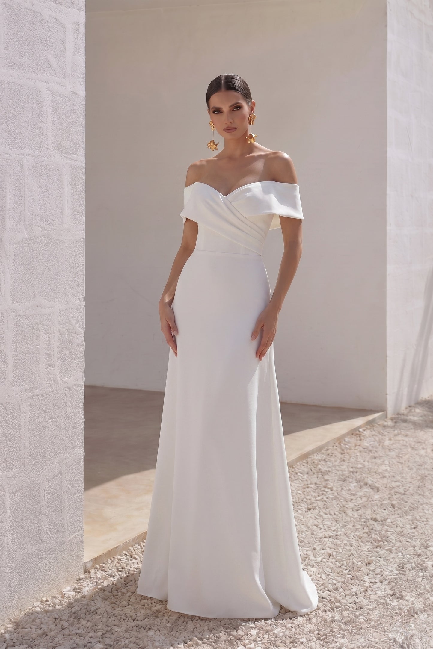 A-Line Sweep-Brush Train Stretch Satin Wedding Dress CW3286