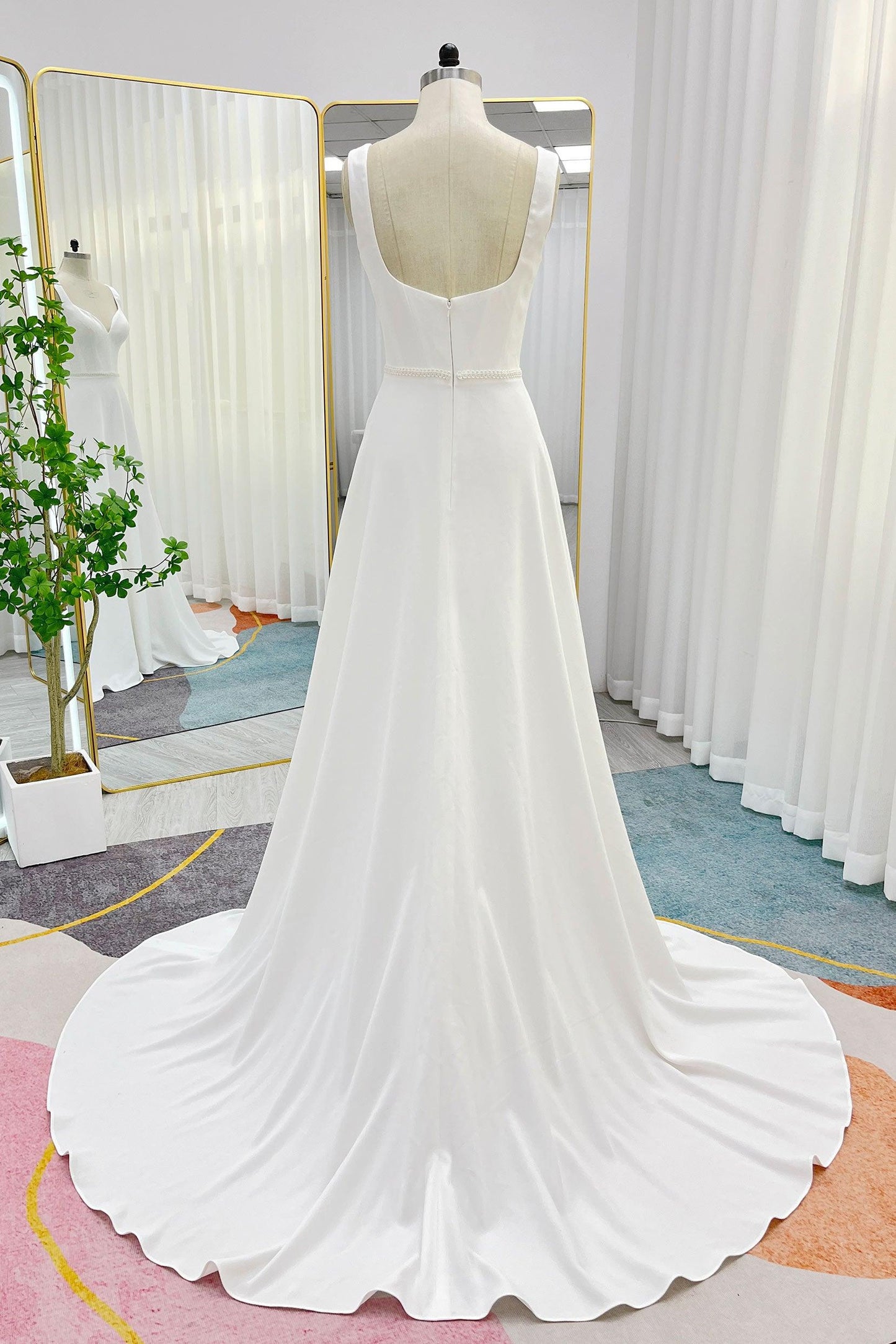 A-Line Sweep-Brush Train Stretch Satin Wedding Dress CW3287