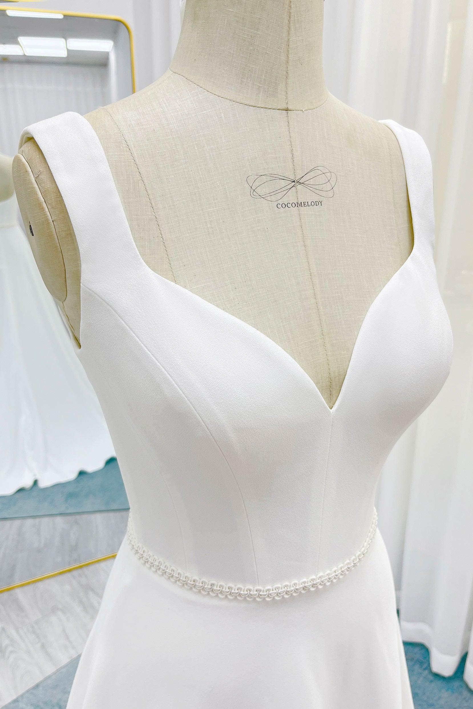 A-Line Sweep-Brush Train Stretch Satin Wedding Dress CW3287 - COCOMELODY