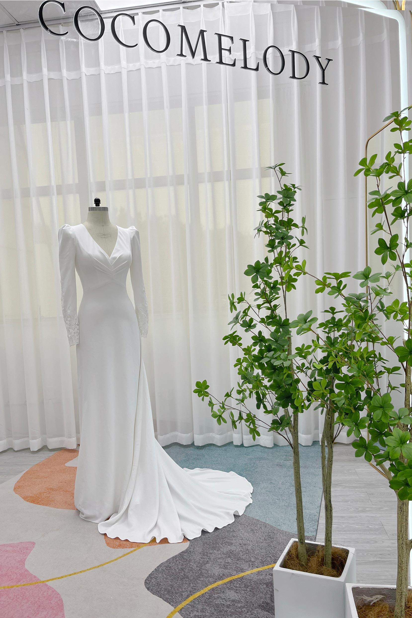 A-Line Court Train Stretch Satin Wedding Dress CW3289 - COCOMELODY