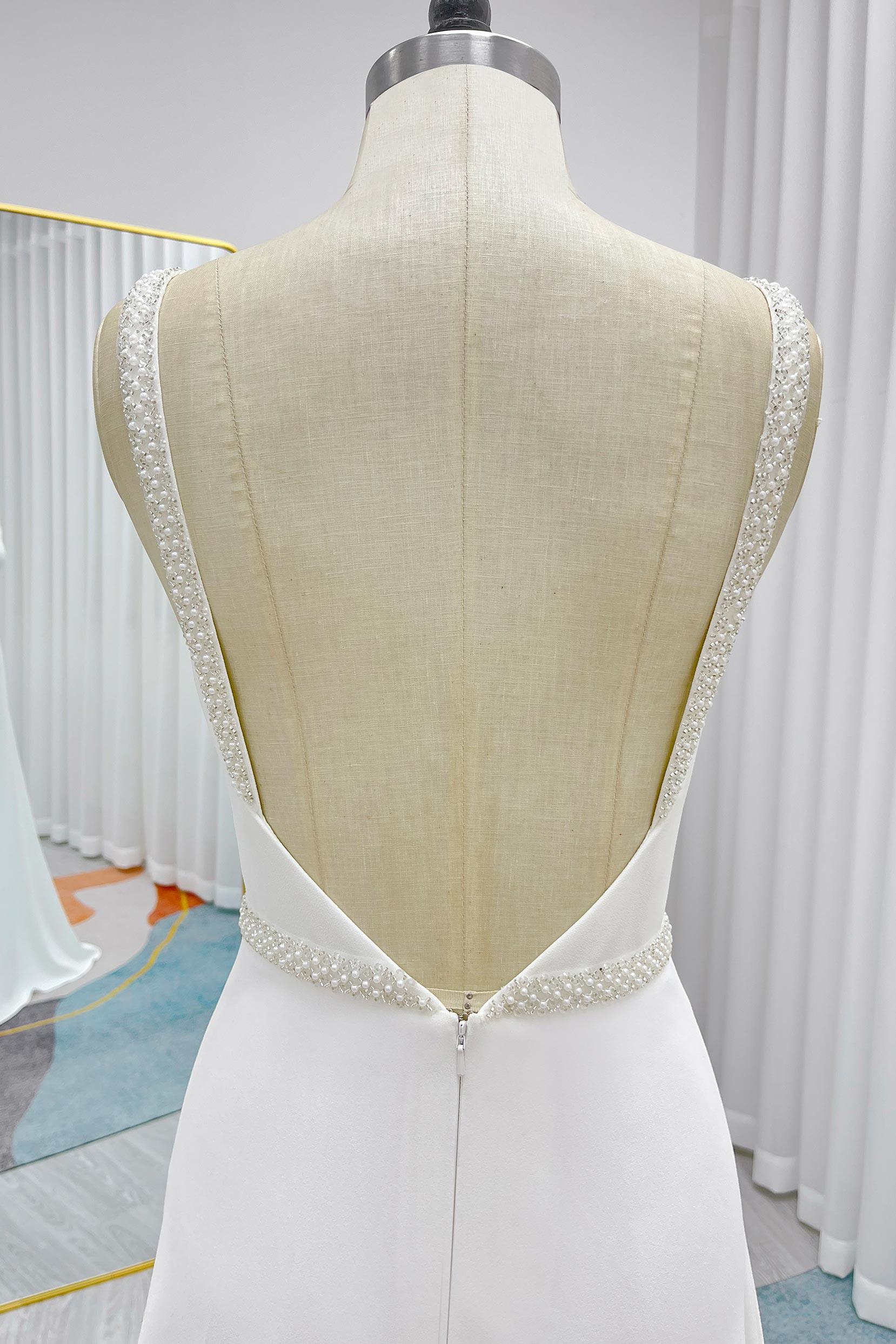 A-Line Sweep-Brush Train Stretch Satin Wedding Dress CW3292 - COCOMELODY