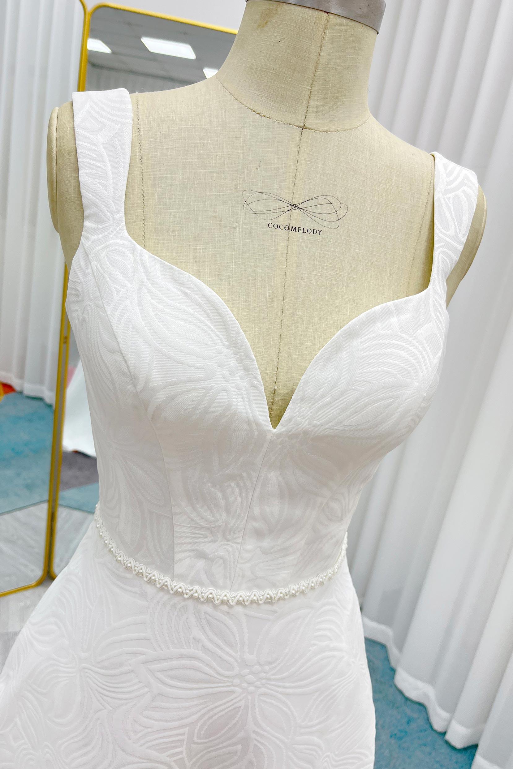 A-Line Sweep-Brush Train Jacquard Satin Wedding Dress CW3293 - COCOMELODY