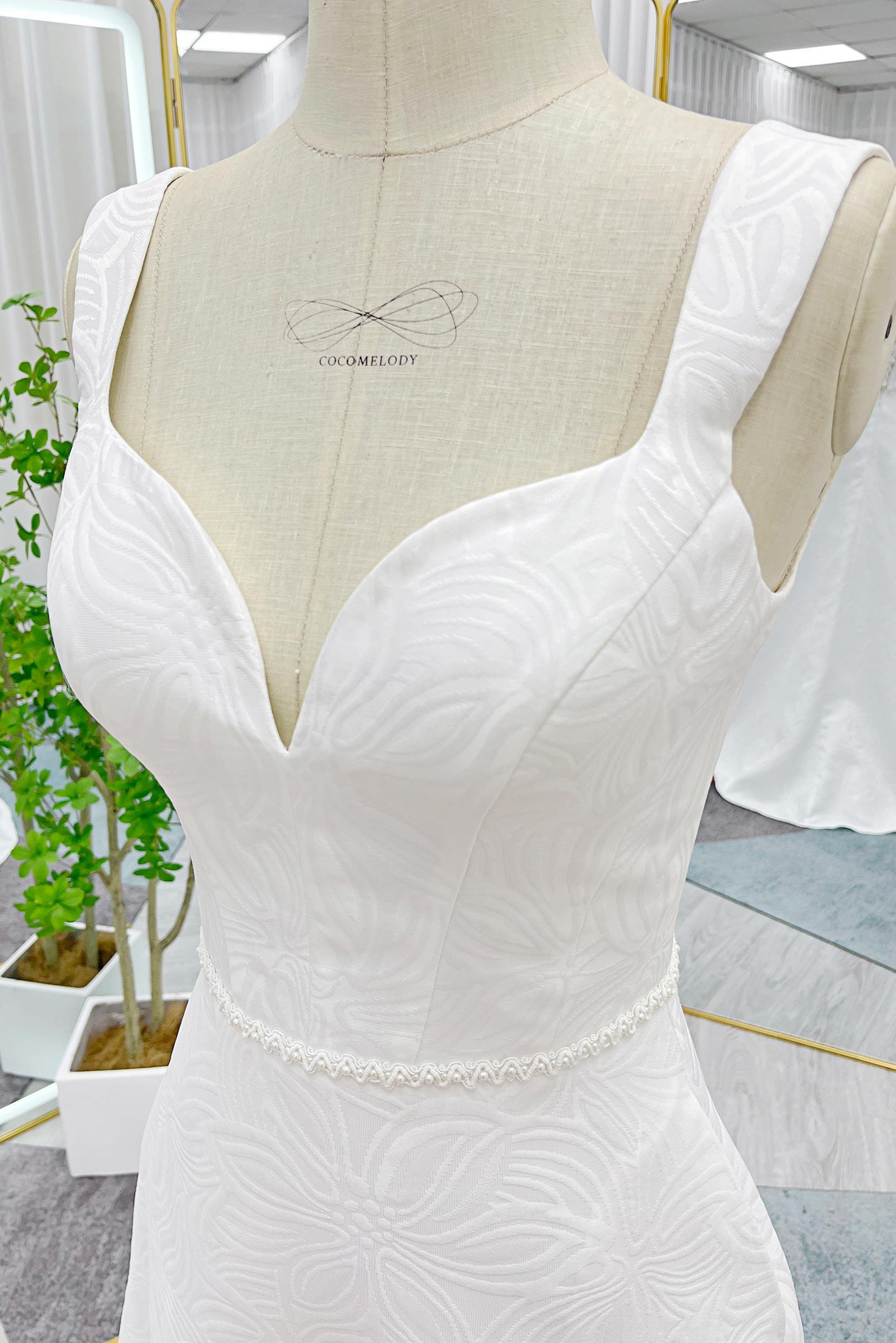 A-Line Sweep-Brush Train Jacquard Satin Wedding Dress CW3293 - COCOMELODY