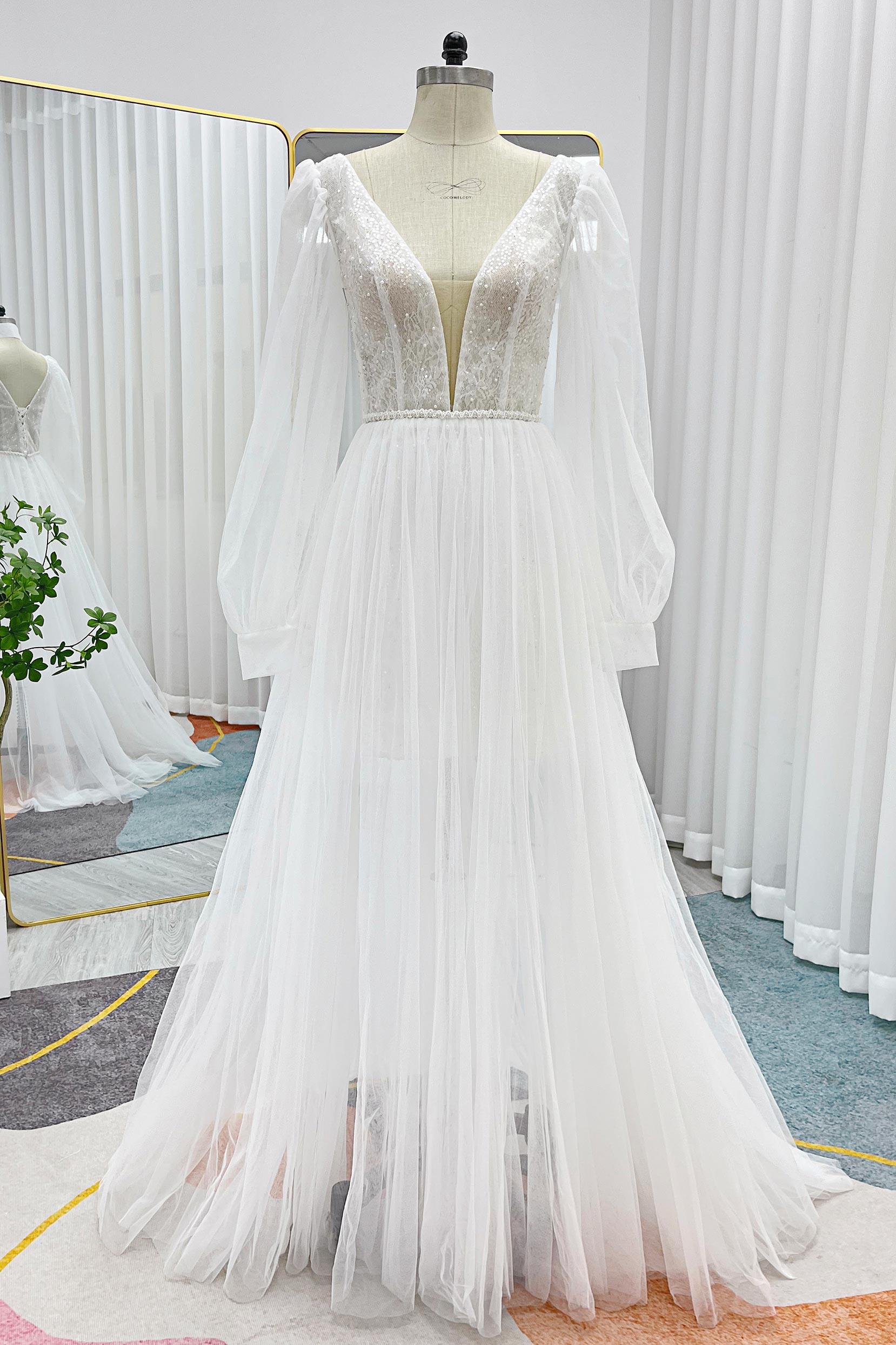 A-Line Sweep-Brush Train Lace Tulle Wedding Dress CW3295 - COCOMELODY