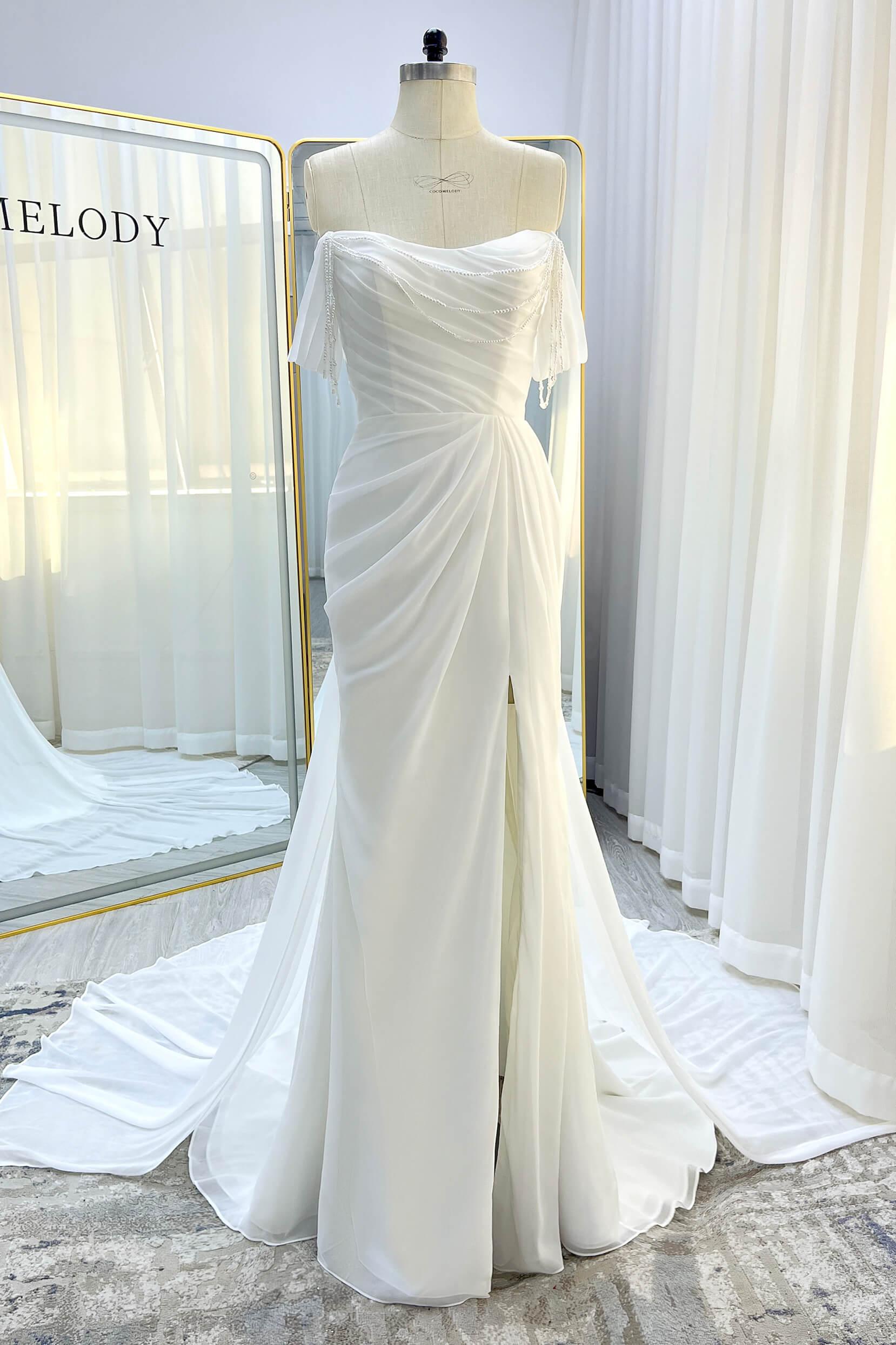 Sheath-Column Chapel Train Chiffon Wedding Dress CW3330 - COCOMELODY