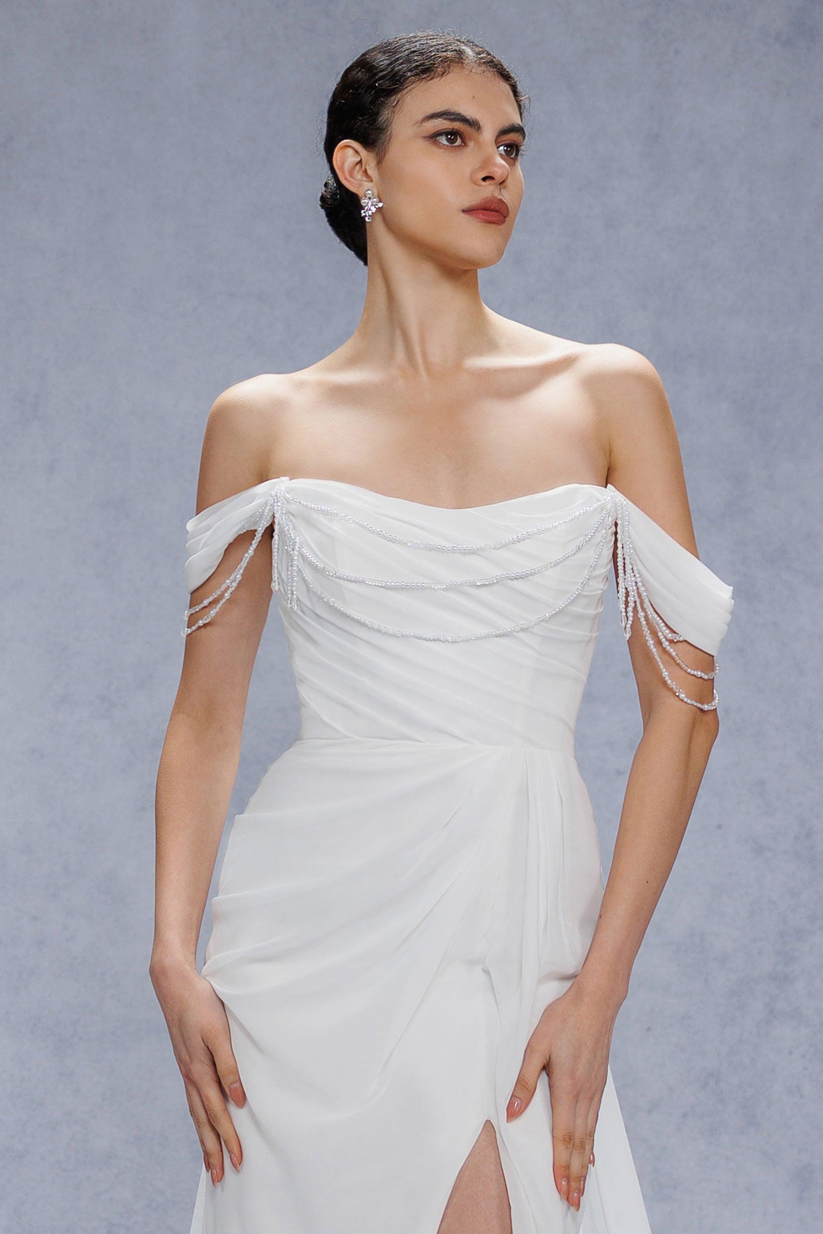 Sheath-Column Chapel Train Chiffon Wedding Dress CW3330 - COCOMELODY
