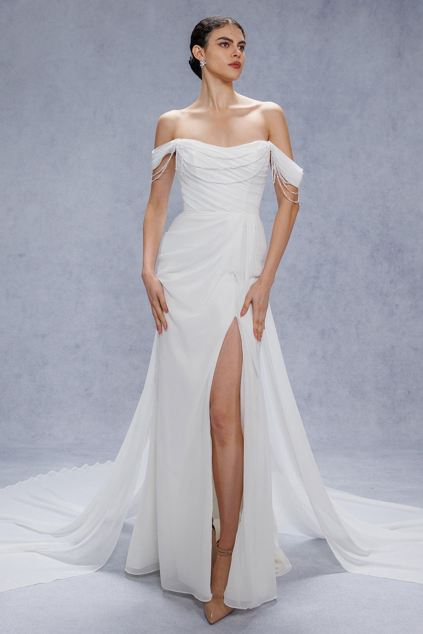 Sheath-Column Chapel Train Chiffon Wedding Dress CW3330 - COCOMELODY
