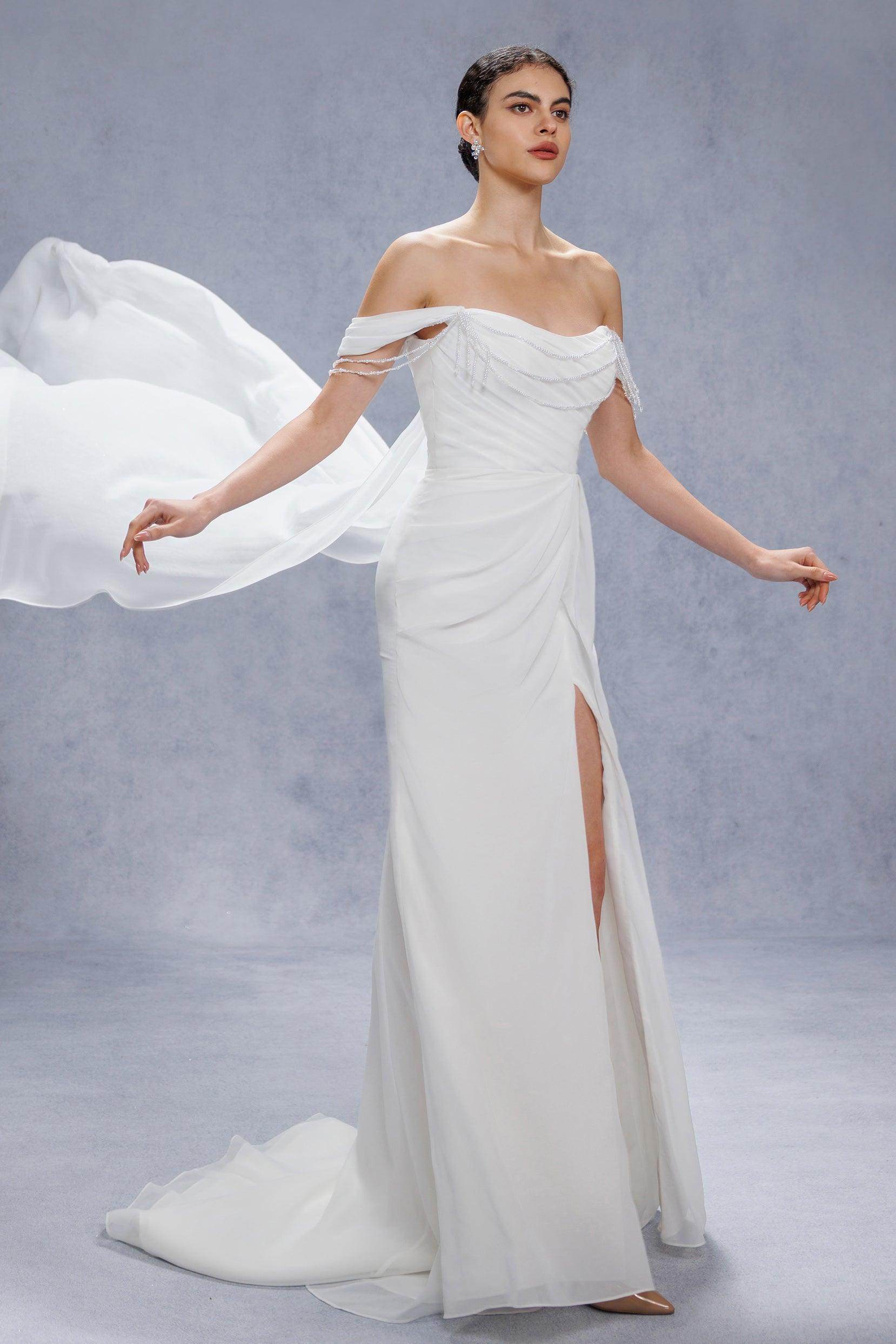 chiffon sheath wedding dress White Chiffon Vintage Lace With Slit Sheath Wedding Dresses, CW0279 US4 / As Pic