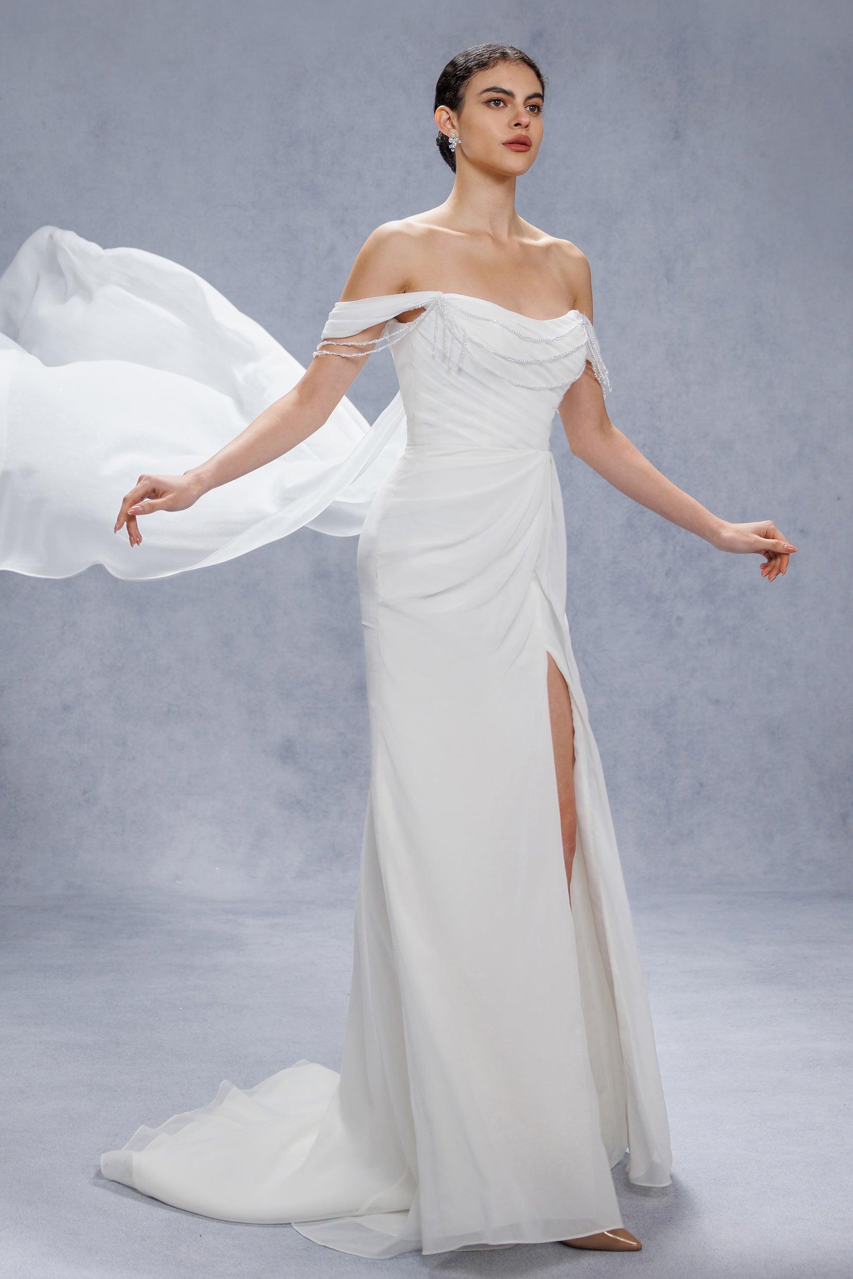 Sheath-Column Chapel Train Chiffon Wedding Dress CW3330 - COCOMELODY