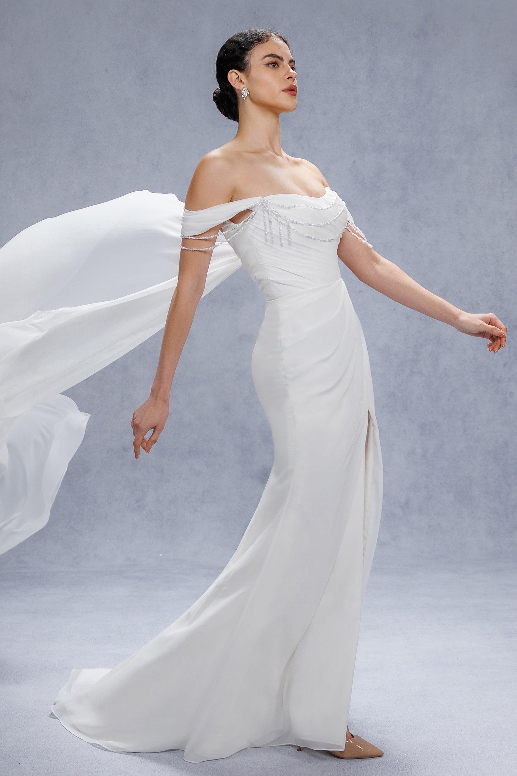 Sheath-Column Chapel Train Chiffon Wedding Dress CW3330 - COCOMELODY