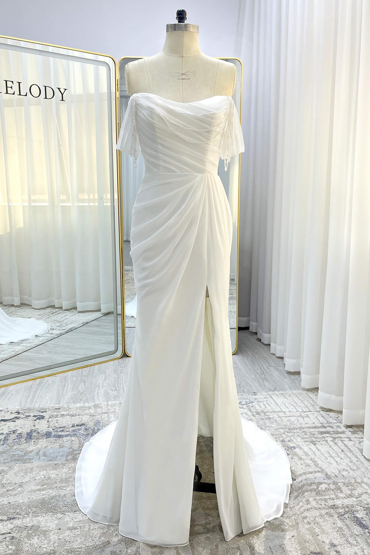 Sheath-Column Chapel Train Chiffon Wedding Dress CW3330 - COCOMELODY