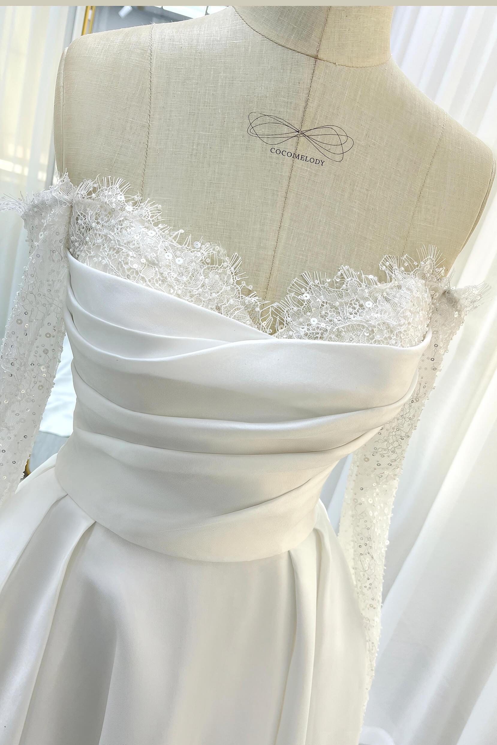 A-Line Court Train Mikado Lace Wedding Dress CW3335 - COCOMELODY