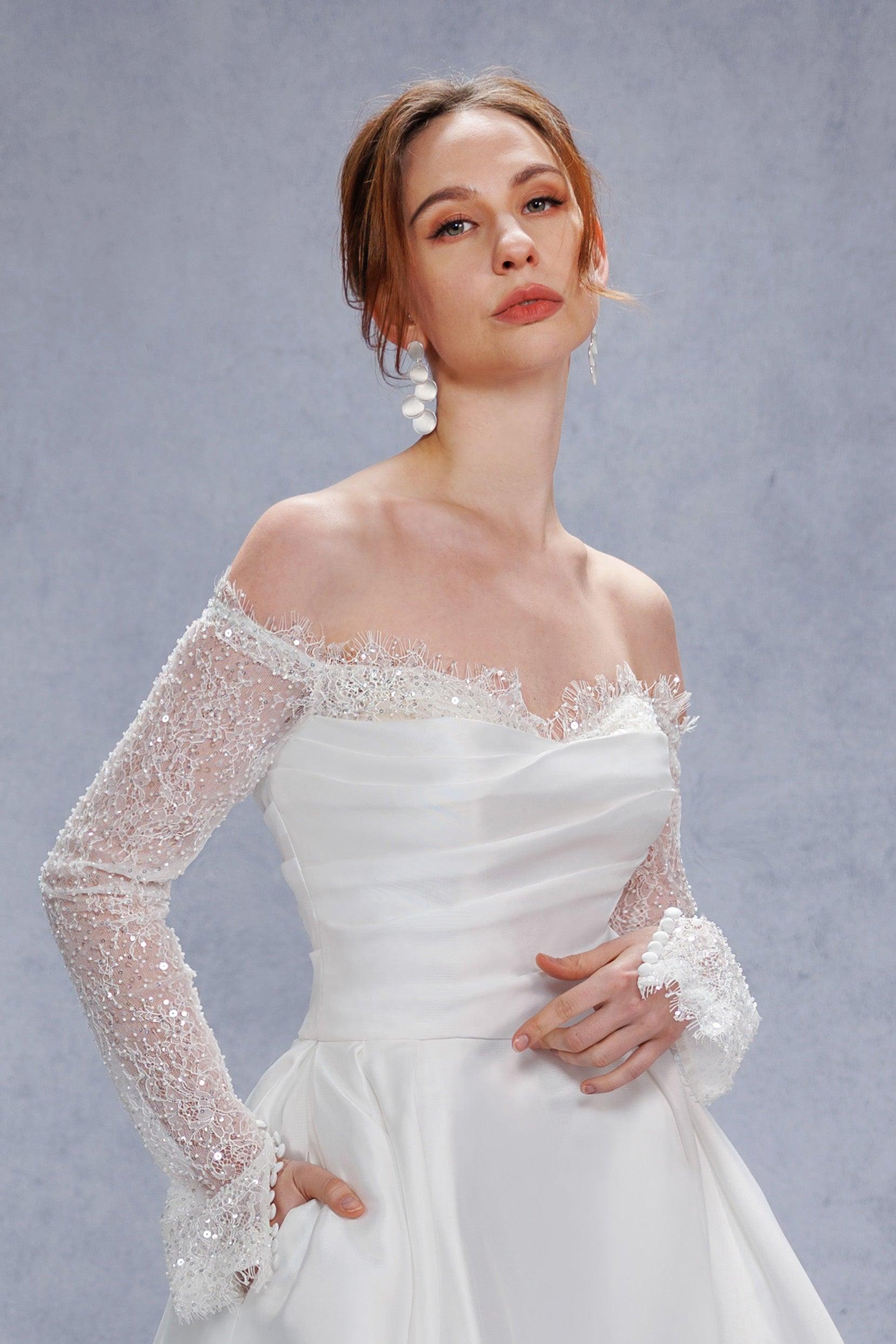 A-Line Court Train Mikado Lace Wedding Dress CW3335 - COCOMELODY