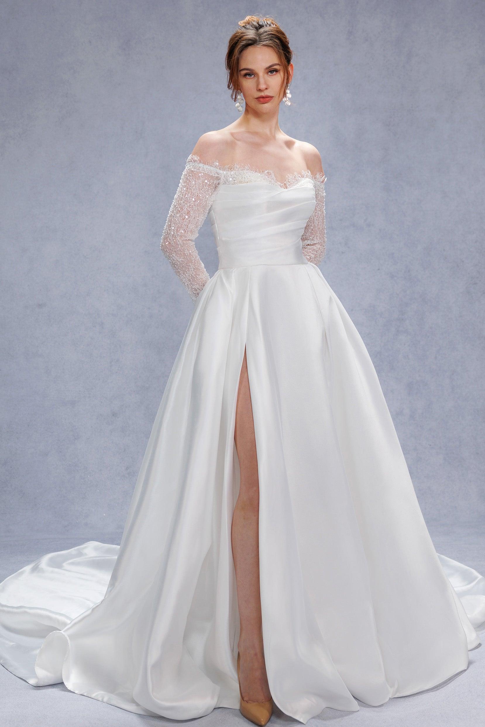 A-Line Court Train Mikado Lace Wedding Dress CW3335 - COCOMELODY