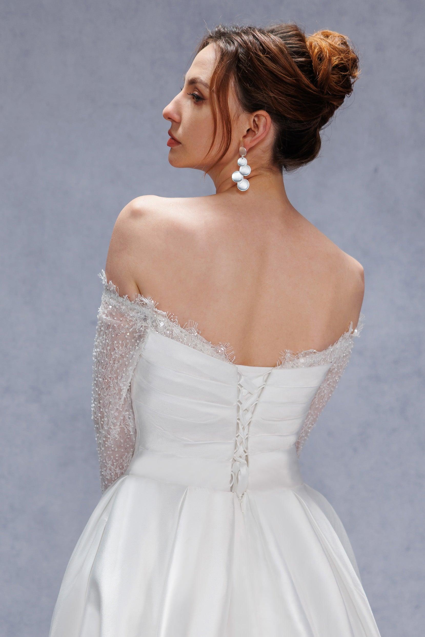 A-Line Court Train Mikado Lace Wedding Dress CW3335 - COCOMELODY