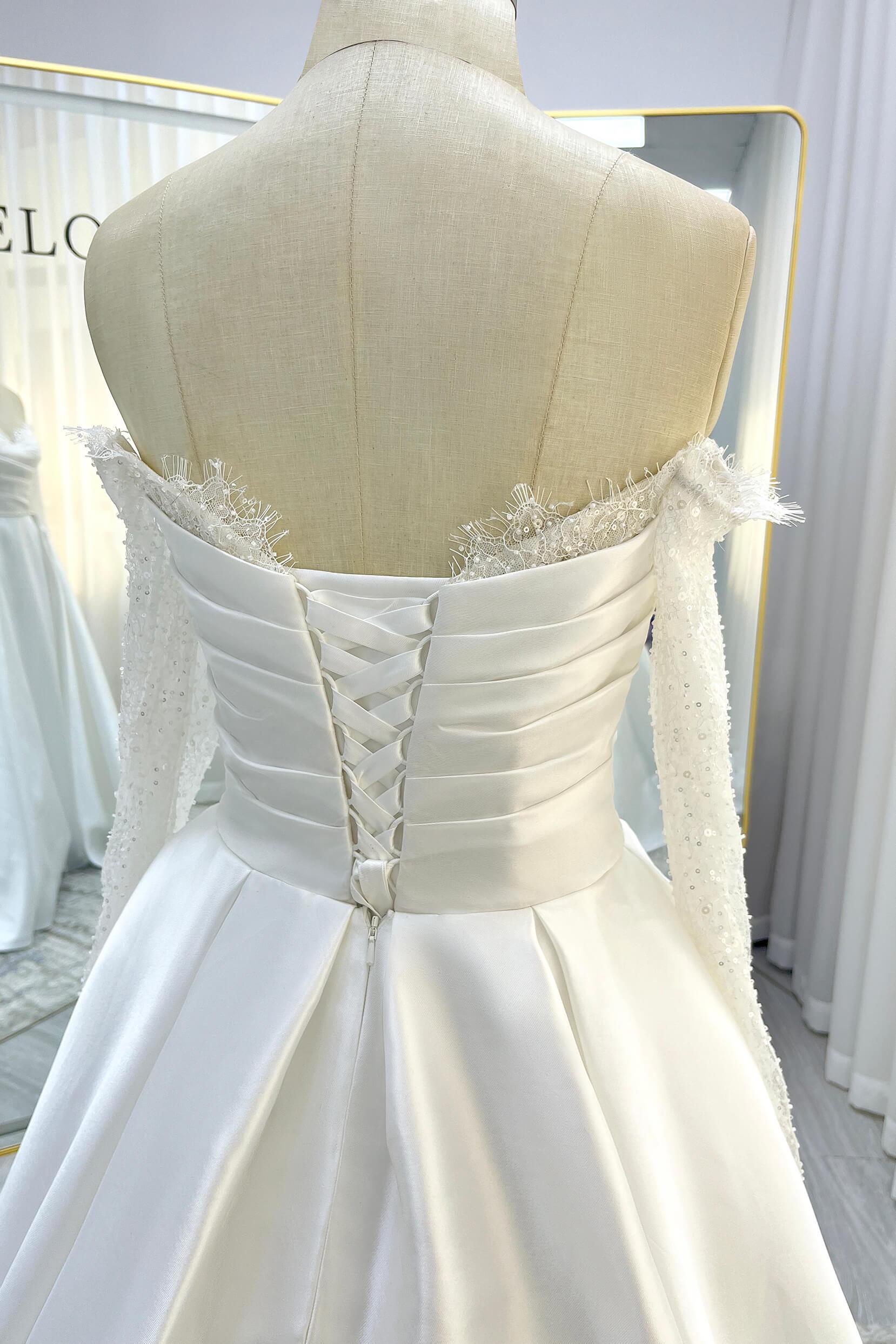 A-Line Court Train Mikado Lace Wedding Dress CW3335 - COCOMELODY