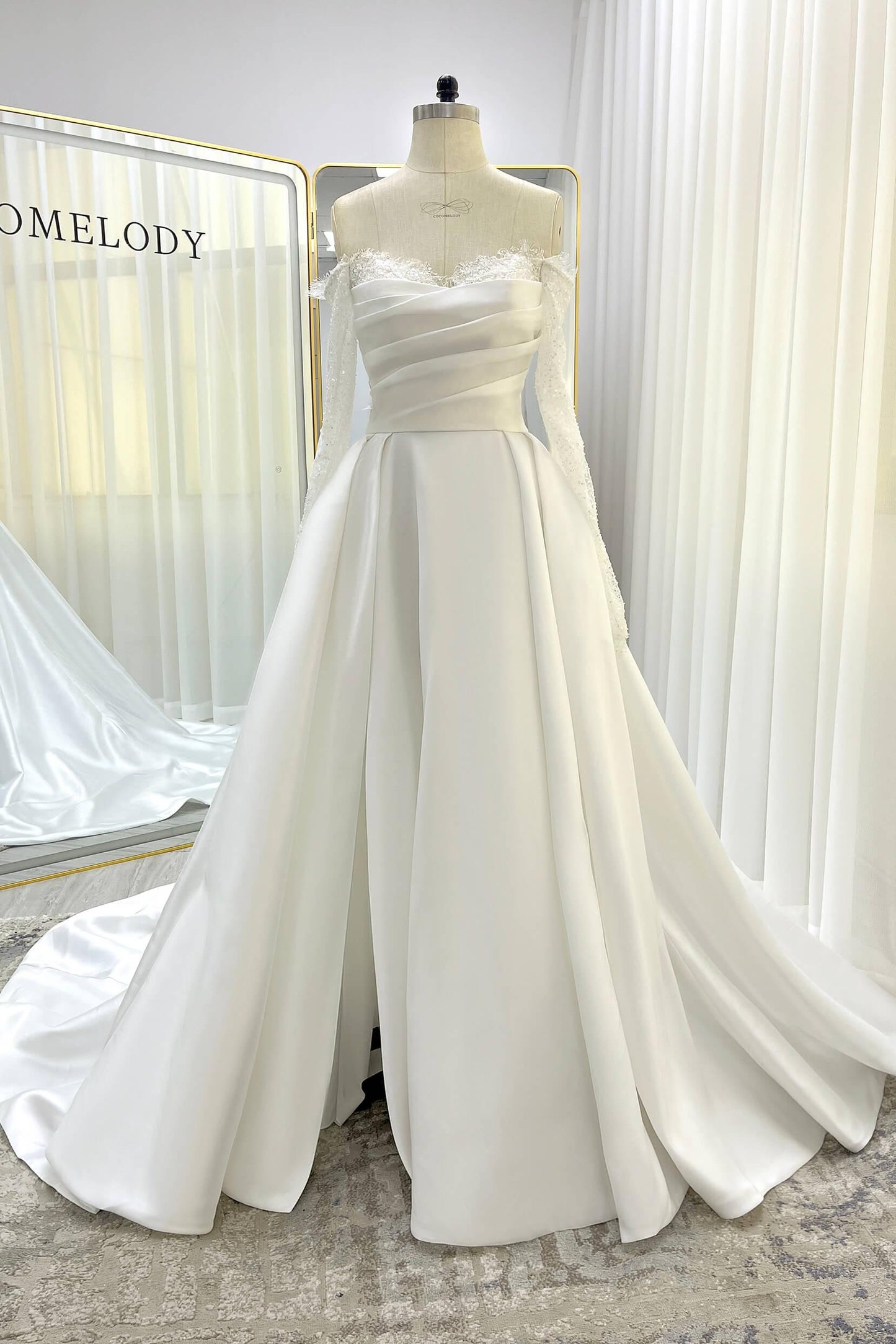 A-Line Court Train Mikado Lace Wedding Dress CW3335 - COCOMELODY