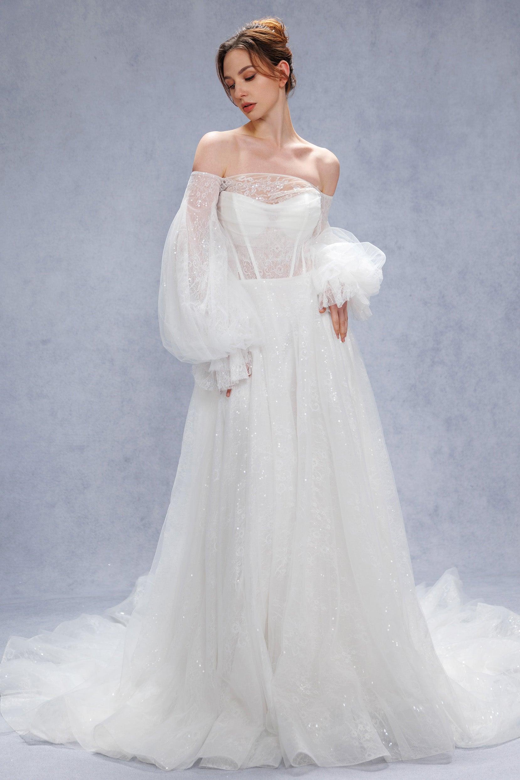 A-Line Court Train Lace Tulle Wedding Dress CW3337 - COCOMELODY