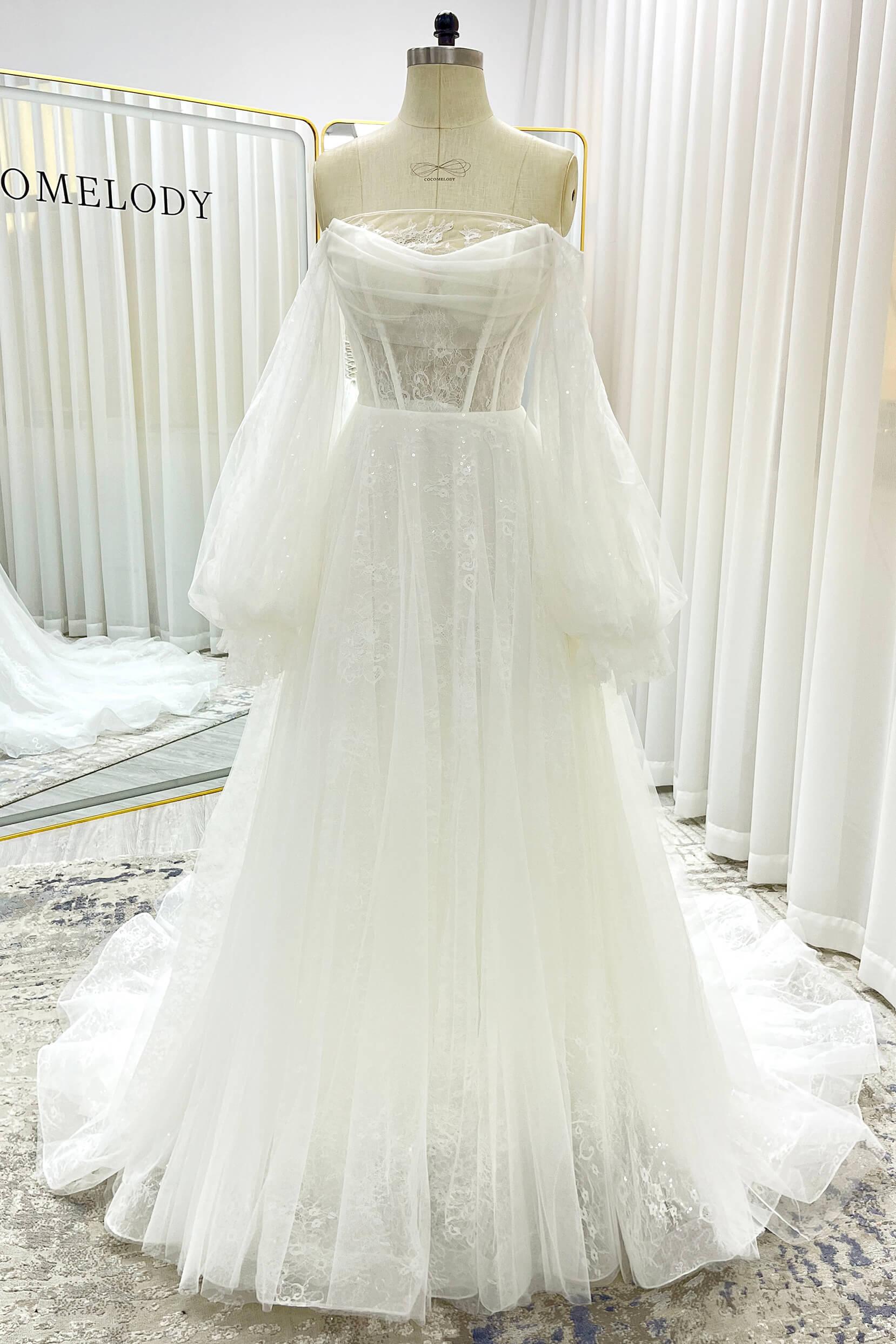 A-Line Court Train Lace Tulle Wedding Dress CW3337 - COCOMELODY