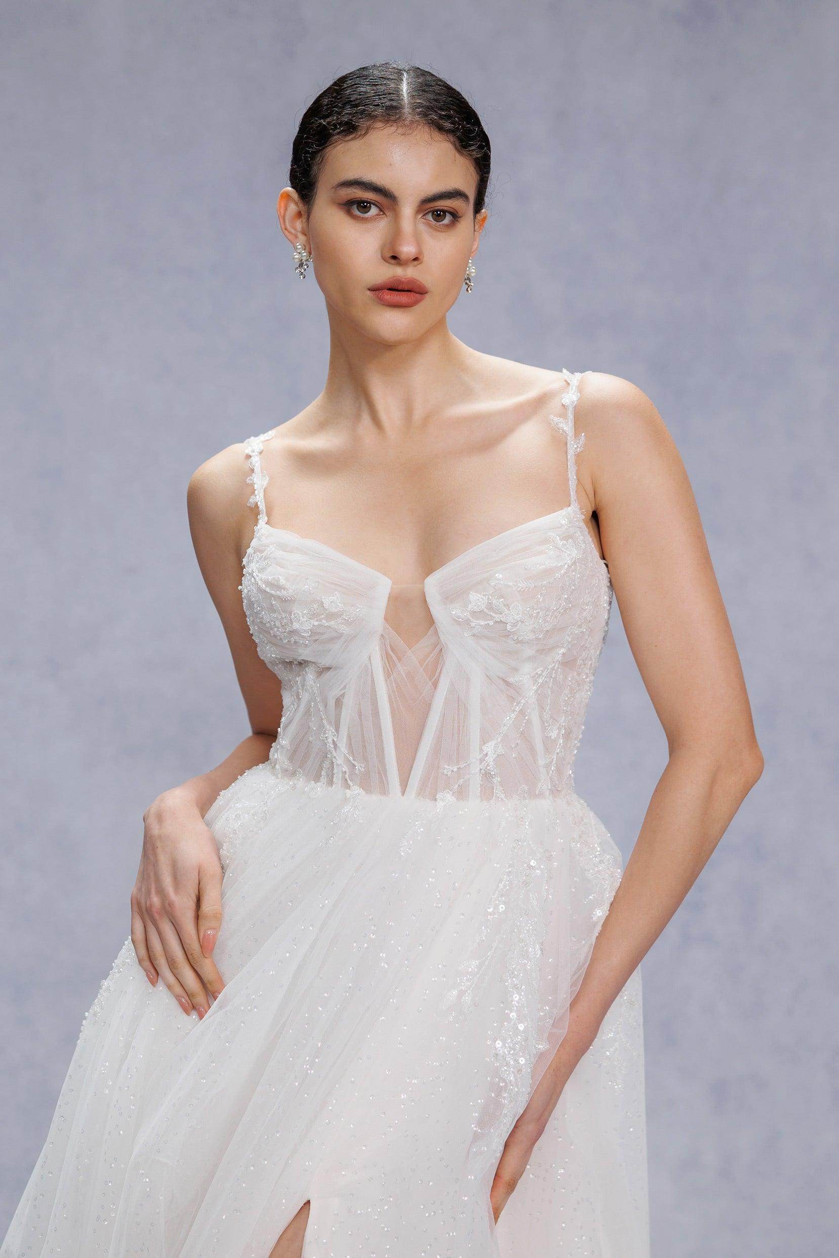 COCOMELODY A-Line Court Train Sparkle Tulle Corset Wedding Dress CW3338, 45 Days / Ivory / US12-UK14-EUR42 COCOMELODY A-Line Court Train Sparkle Tulle Corset Wedding Dress CW3338, 45 Days / Ivory / US12-UK14-EUR42