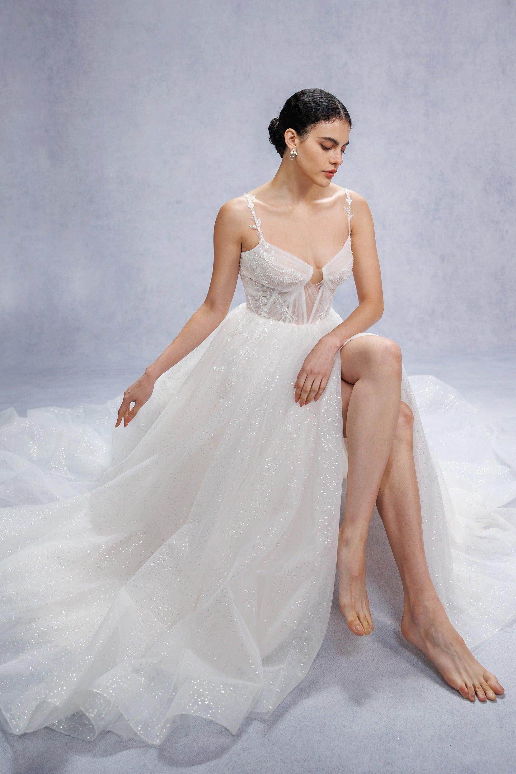 COCOMELODY A-Line Court Train Sparkle Tulle Corset Wedding Dress CW3338, 45 Days / Ivory / US12-UK14-EUR42 COCOMELODY A-Line Court Train Sparkle Tulle Corset Wedding Dress CW3338, 45 Days / Ivory / US12-UK14-EUR42