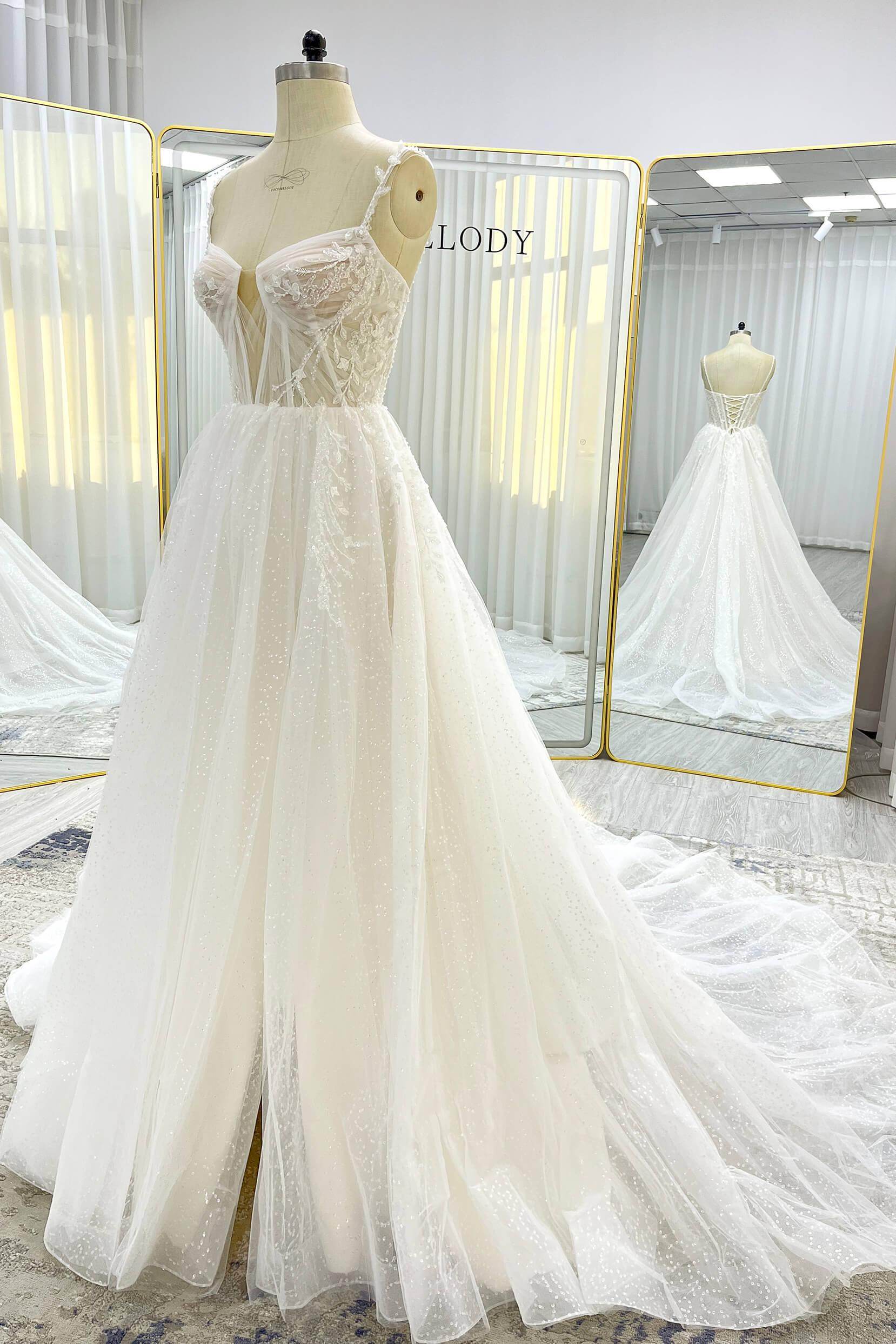 COCOMELODY A-Line Court Train Sparkle Tulle Corset Wedding Dress CW3338, 45 Days / Ivory / US12-UK14-EUR42 COCOMELODY A-Line Court Train Sparkle Tulle Corset Wedding Dress CW3338, 45 Days / Ivory / US12-UK14-EUR42