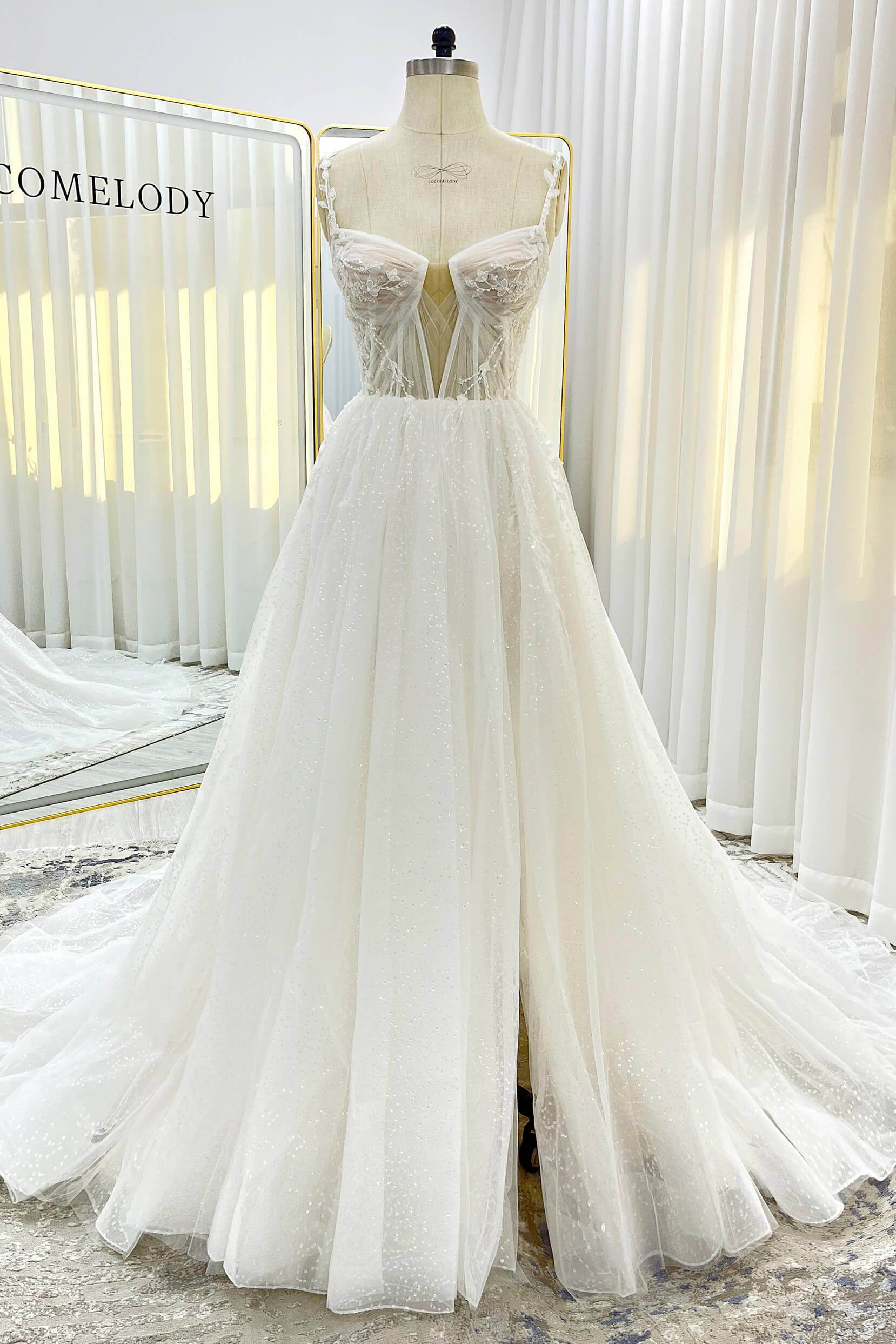 COCOMELODY A-Line Court Train Sparkle Tulle Corset Wedding Dress CW3338, 45 Days / Ivory / US12-UK14-EUR42 COCOMELODY A-Line Court Train Sparkle Tulle Corset Wedding Dress CW3338, 45 Days / Ivory / US12-UK14-EUR42