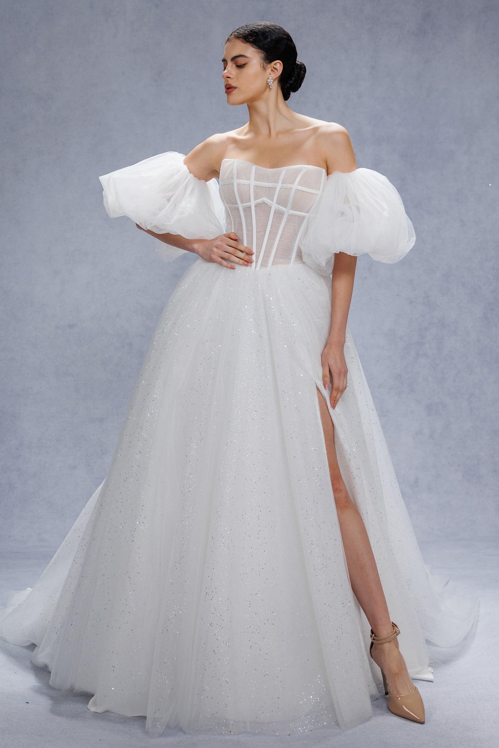 A-Line Court Train Sparkle Tulle Wedding Dress CW3339 - COCOMELODY