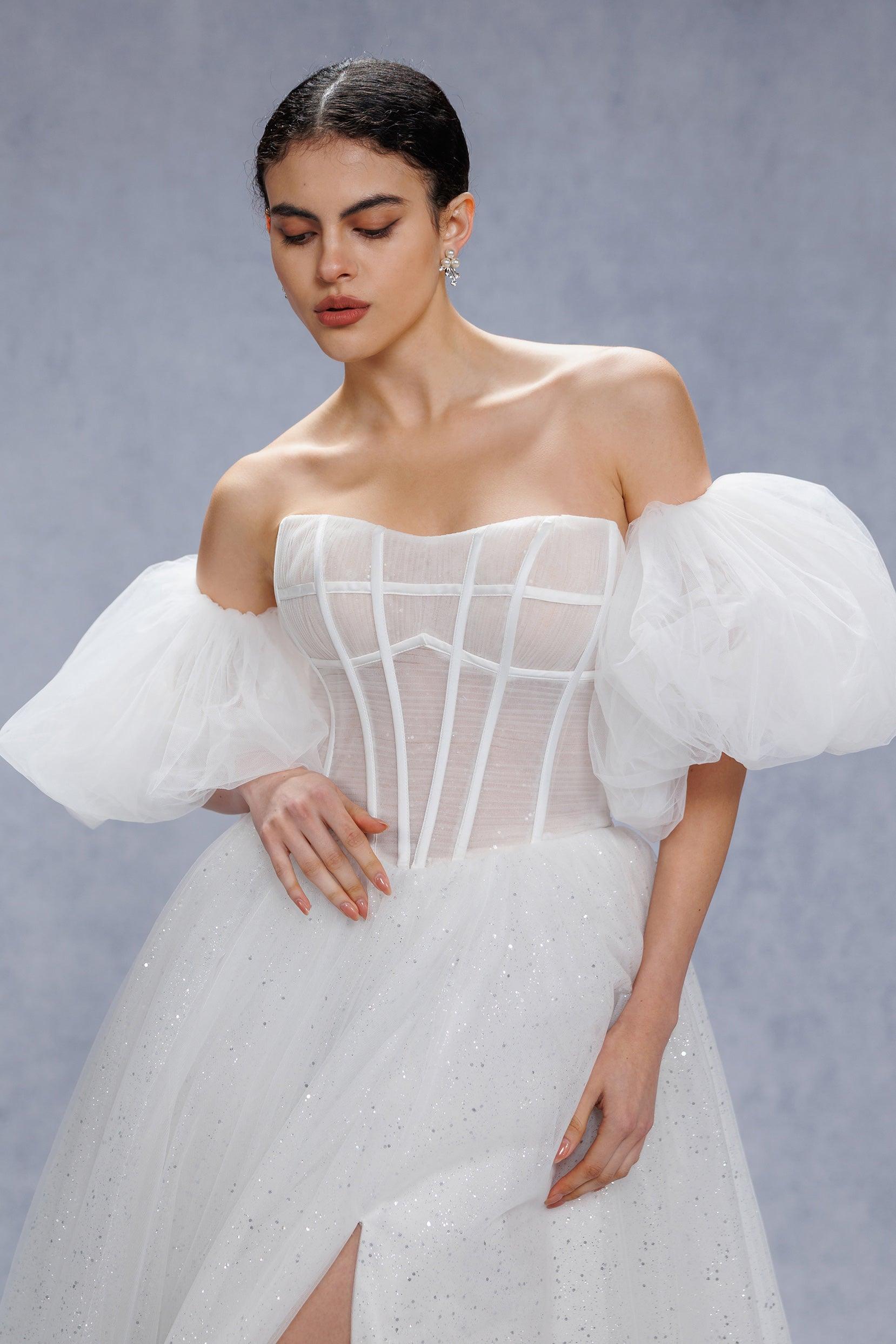A-Line Court Train Sparkle Tulle Wedding Dress CW3339 - COCOMELODY