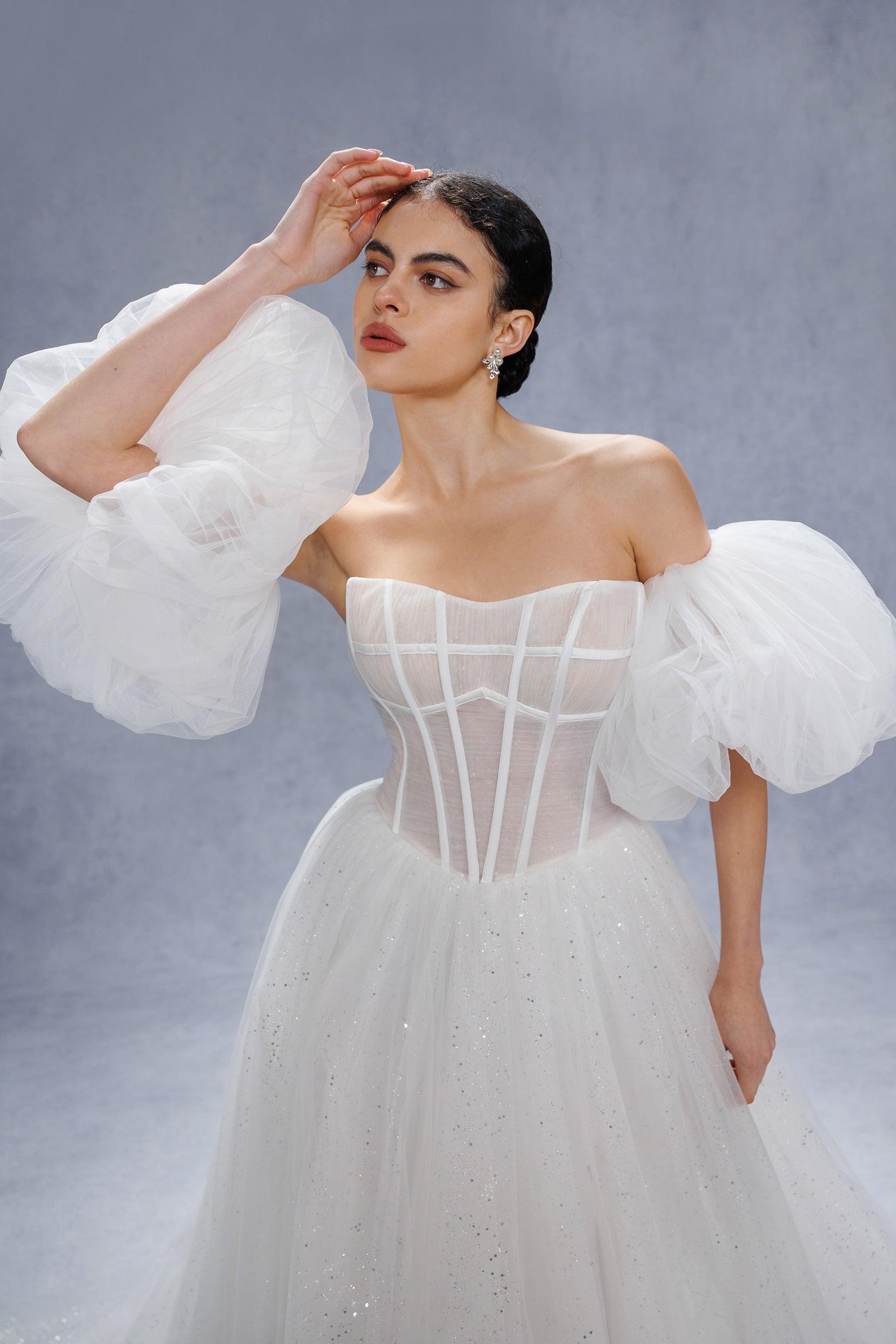 A-Line Court Train Sparkle Tulle Wedding Dress CW3339 - COCOMELODY