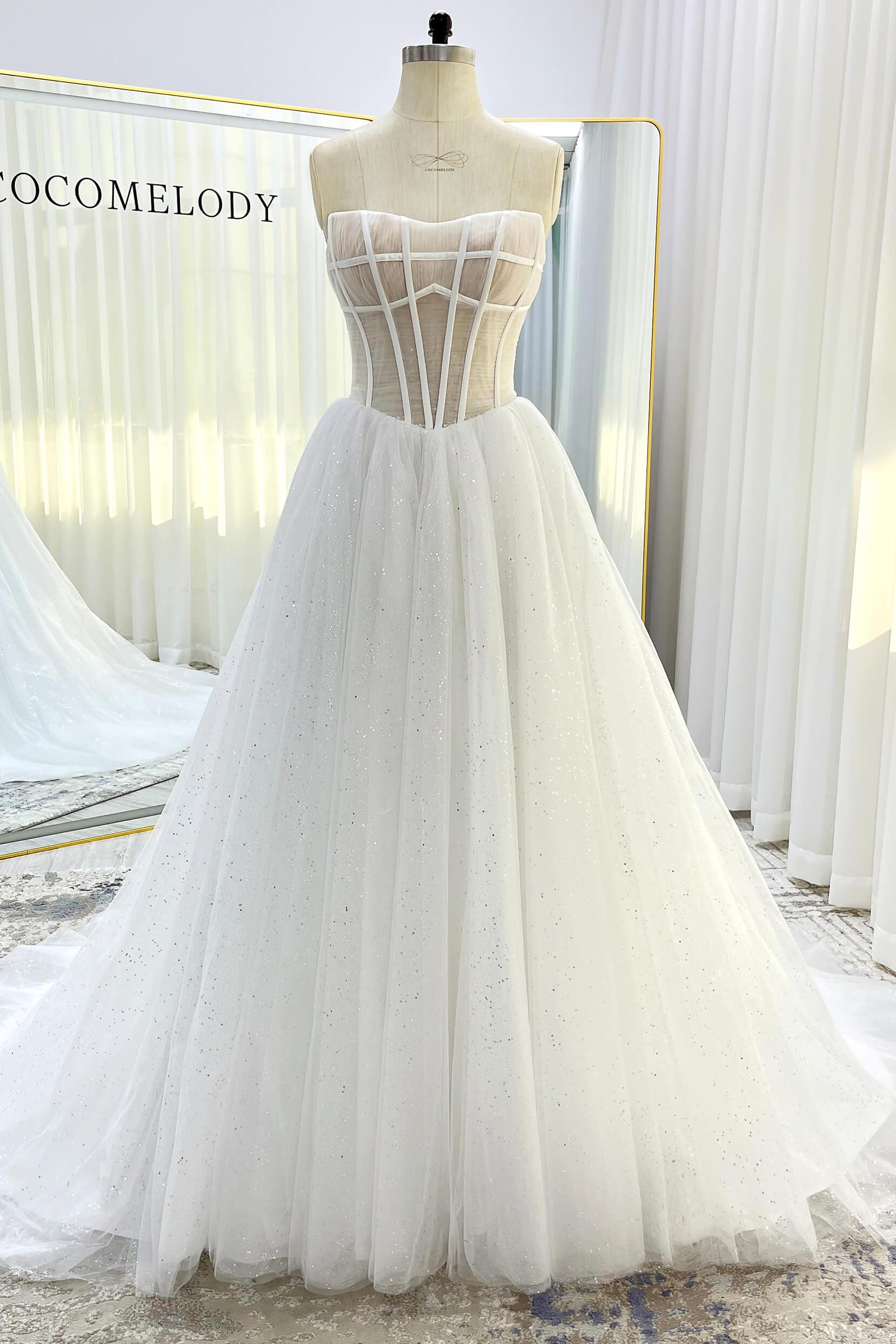 A-Line Court Train Sparkle Tulle Wedding Dress CW3339 - COCOMELODY