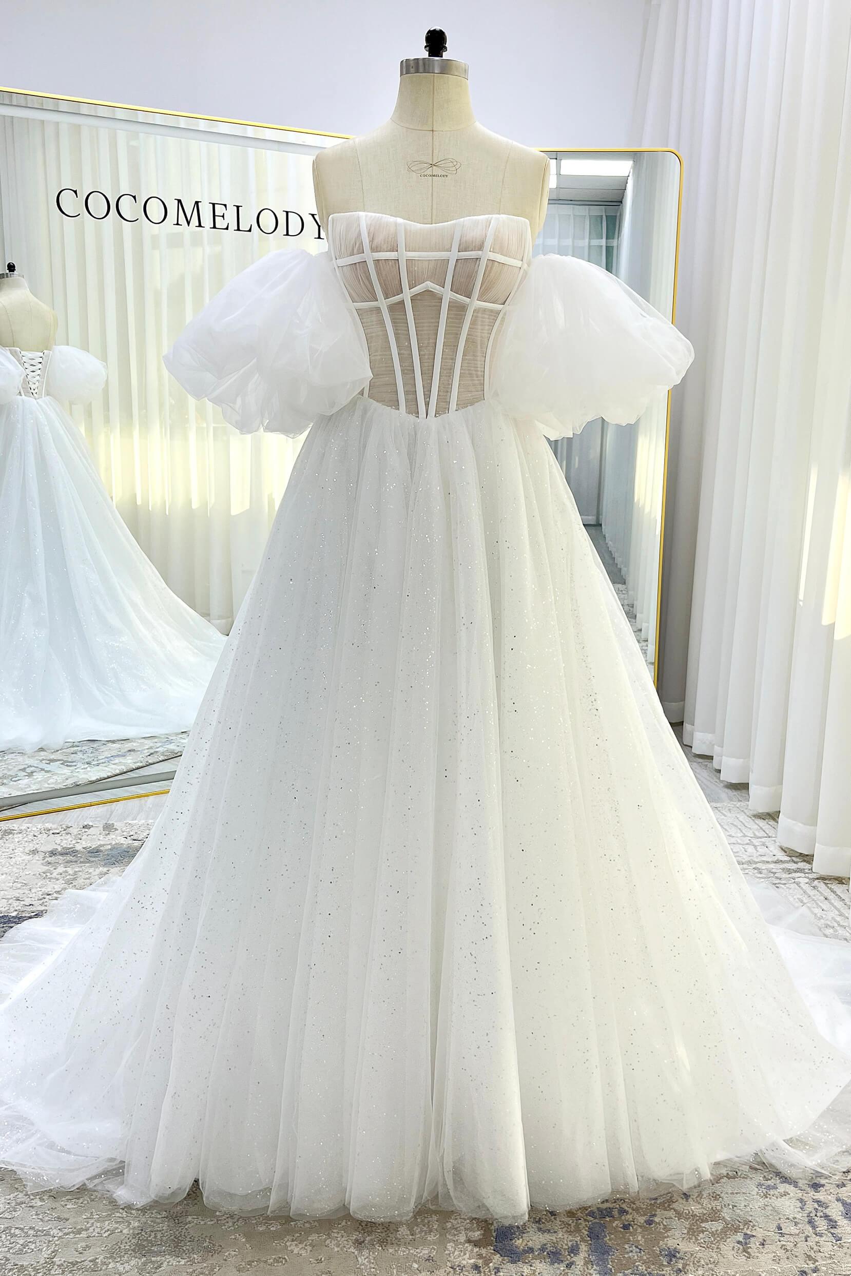 A-Line Court Train Sparkle Tulle Wedding Dress CW3339 - COCOMELODY