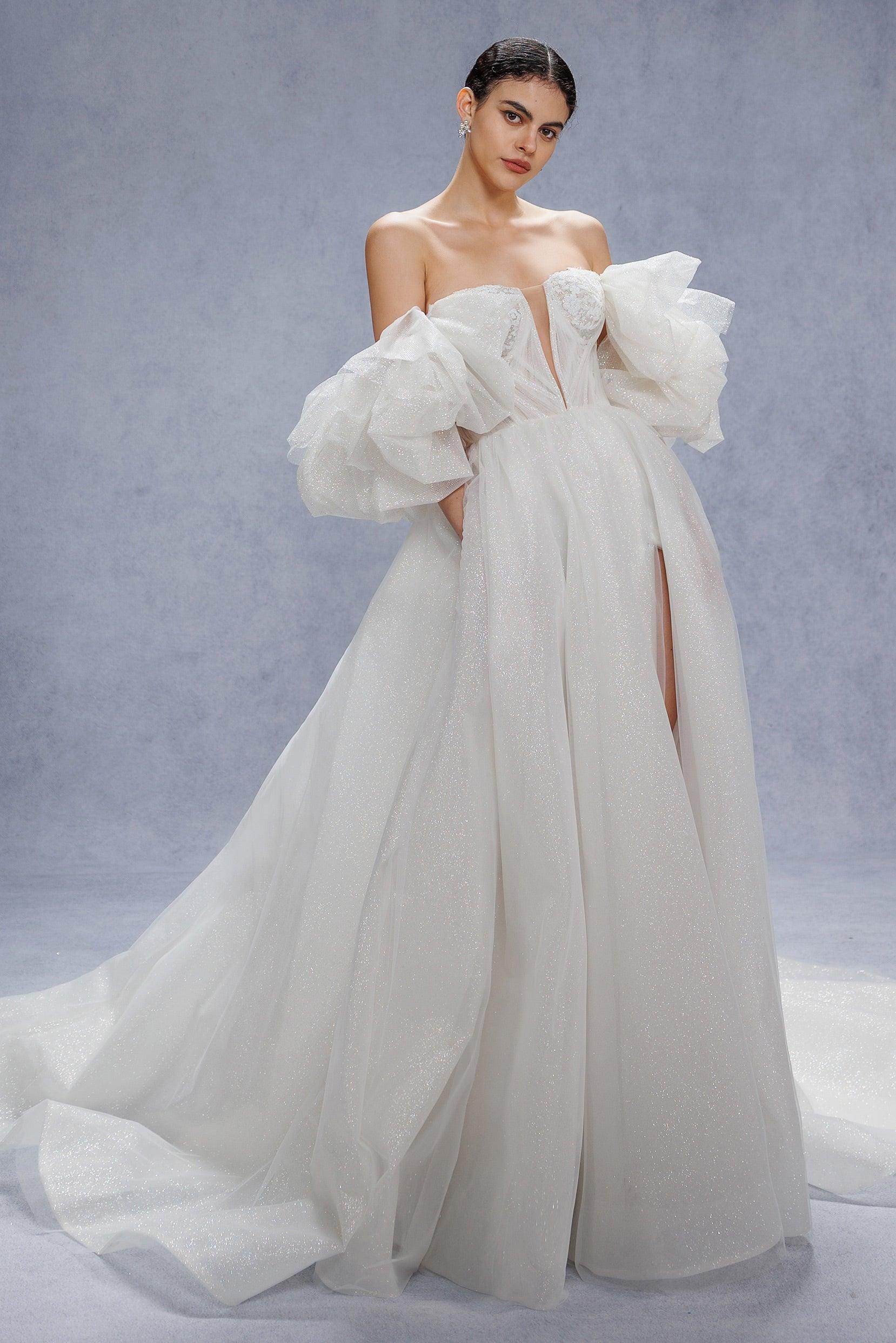 white a line wedding dress Monique Off-Shoulder Long Sleeve A-line Lace Gown