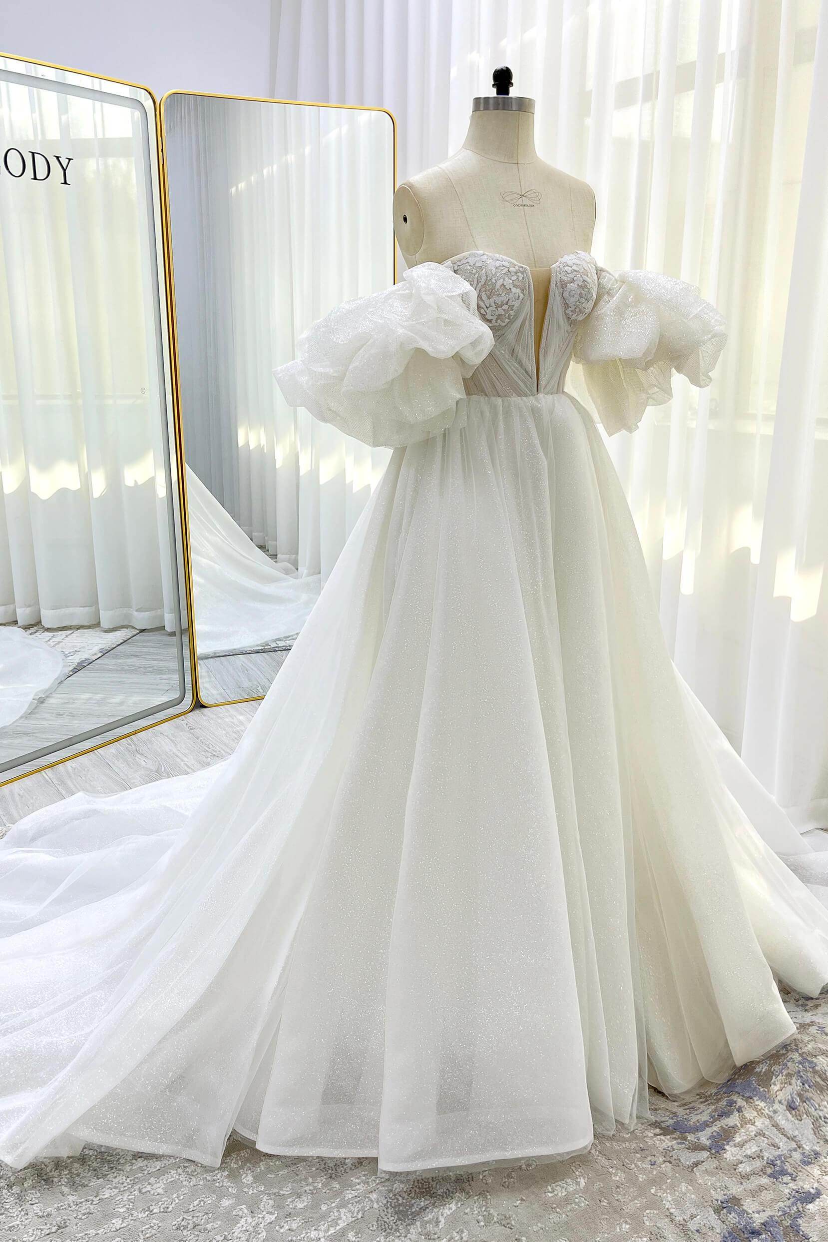 COCOMELODY A-Line Court Train Glitter Elegant Wedding Dresses CW3342, 45 Days / Ivory / US10-UK12-EUR40 COCOMELODY A-Line Court Train Glitter Elegant Wedding Dresses CW3342, 45 Days / Ivory / US10-UK12-EUR40