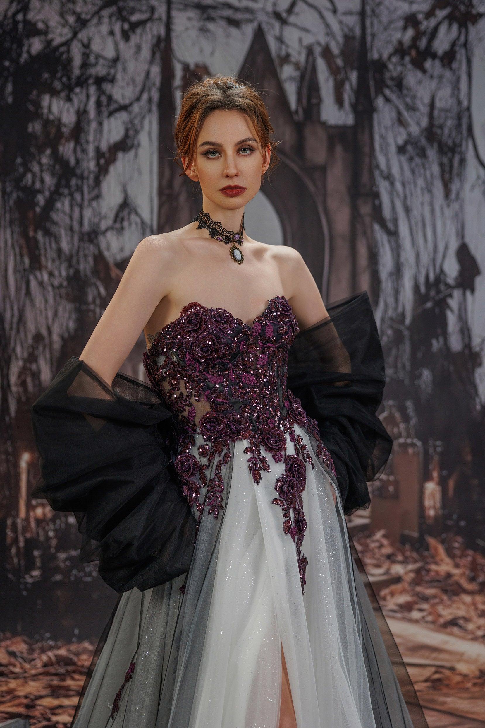 Black A-Line Wedding Dress Strapless Lace Tulle with Bow & Court Train COCOMELODY CW3345, 45 Days / As Picture / US0-UK2-EUR30