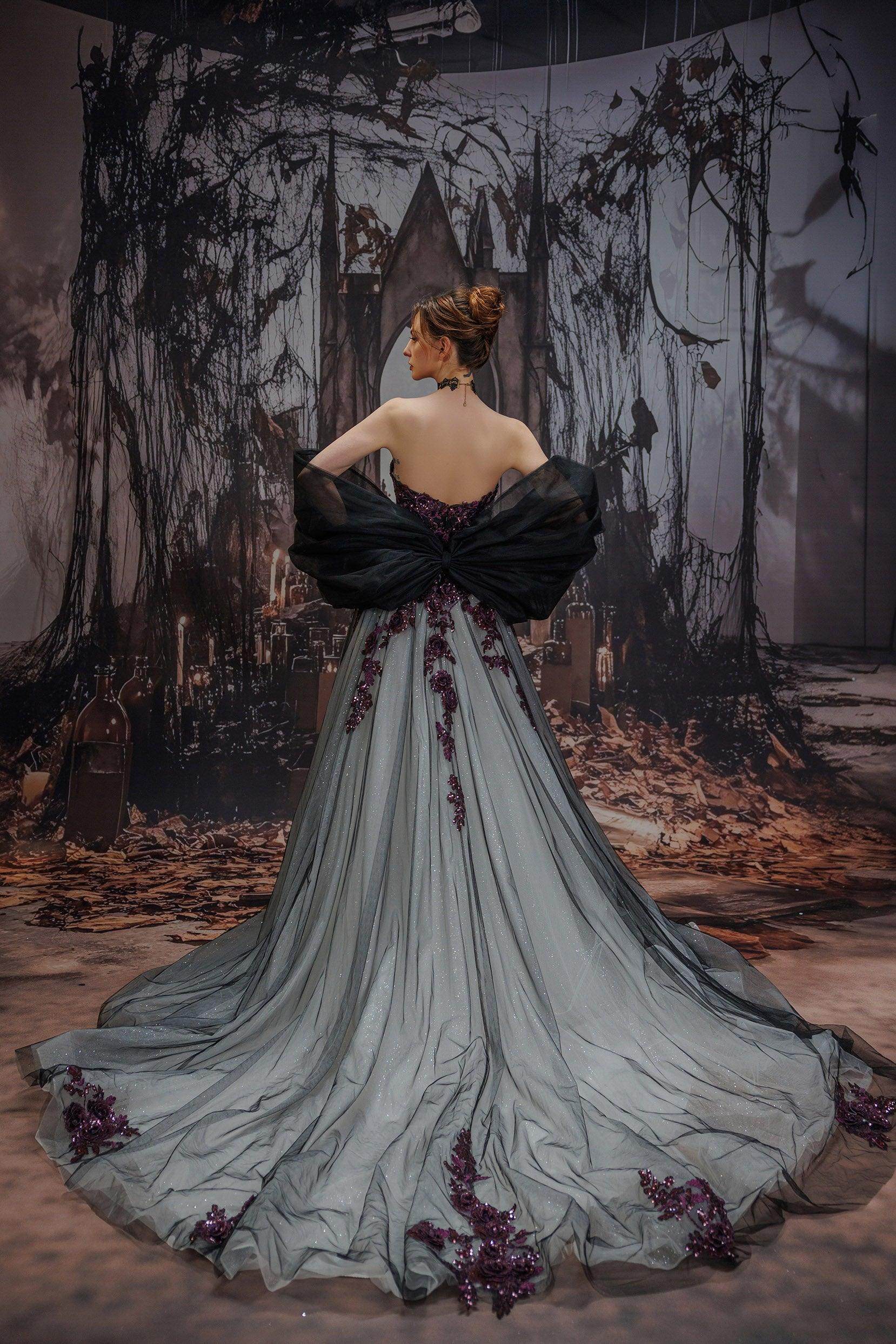 Black A-Line Wedding Dress Strapless Lace Tulle with Bow & Court Train COCOMELODY CW3345, 45 Days / As Picture / US0-UK2-EUR30