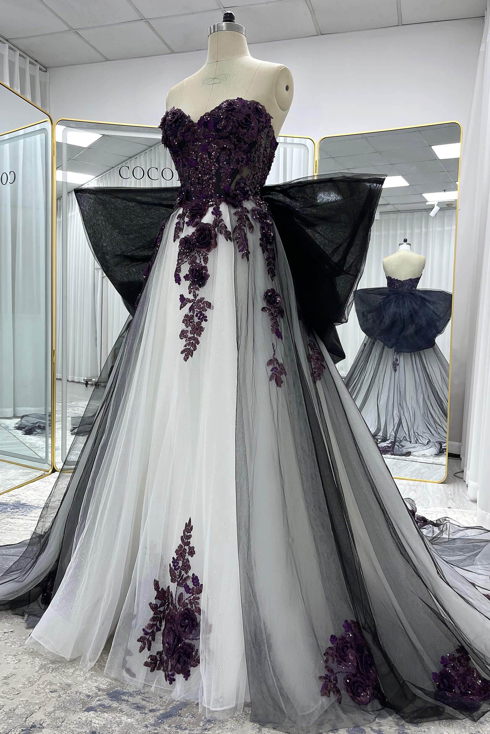 COCOMELODY A-Line Court Train Lace Tulle Black Wedding Dresses CW3345, 45 Days / As Picture / US0-UK2-EUR30 COCOMELODY A-Line Court Train Lace Tulle Black Wedding Dresses CW3345, 45 Days / As Picture / US0-UK2-EUR30