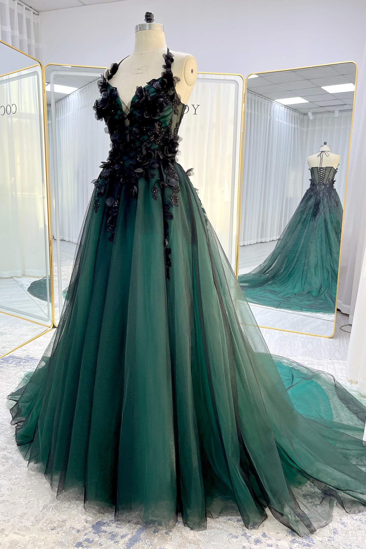 A-Line Chapel Train Sequined Lace Tulle Wedding Dress CW3347 - COCOMELODY