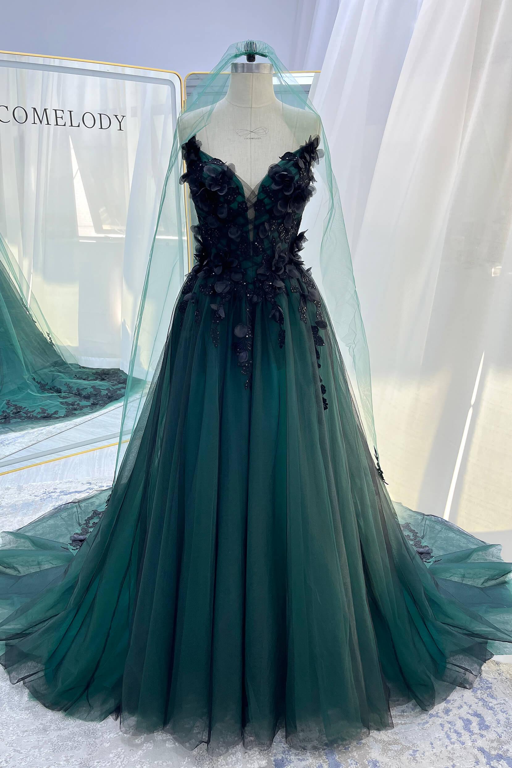 A-Line Chapel Train Sequined Lace Tulle Wedding Dress CW3347 - COCOMELODY