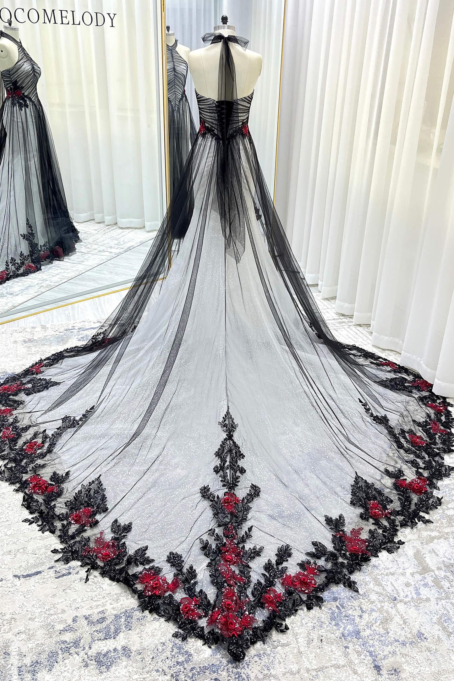 A-Line Cathedral Train Glitter Sparkle Tulle Wedding Dress CW3349 - COCOMELODY