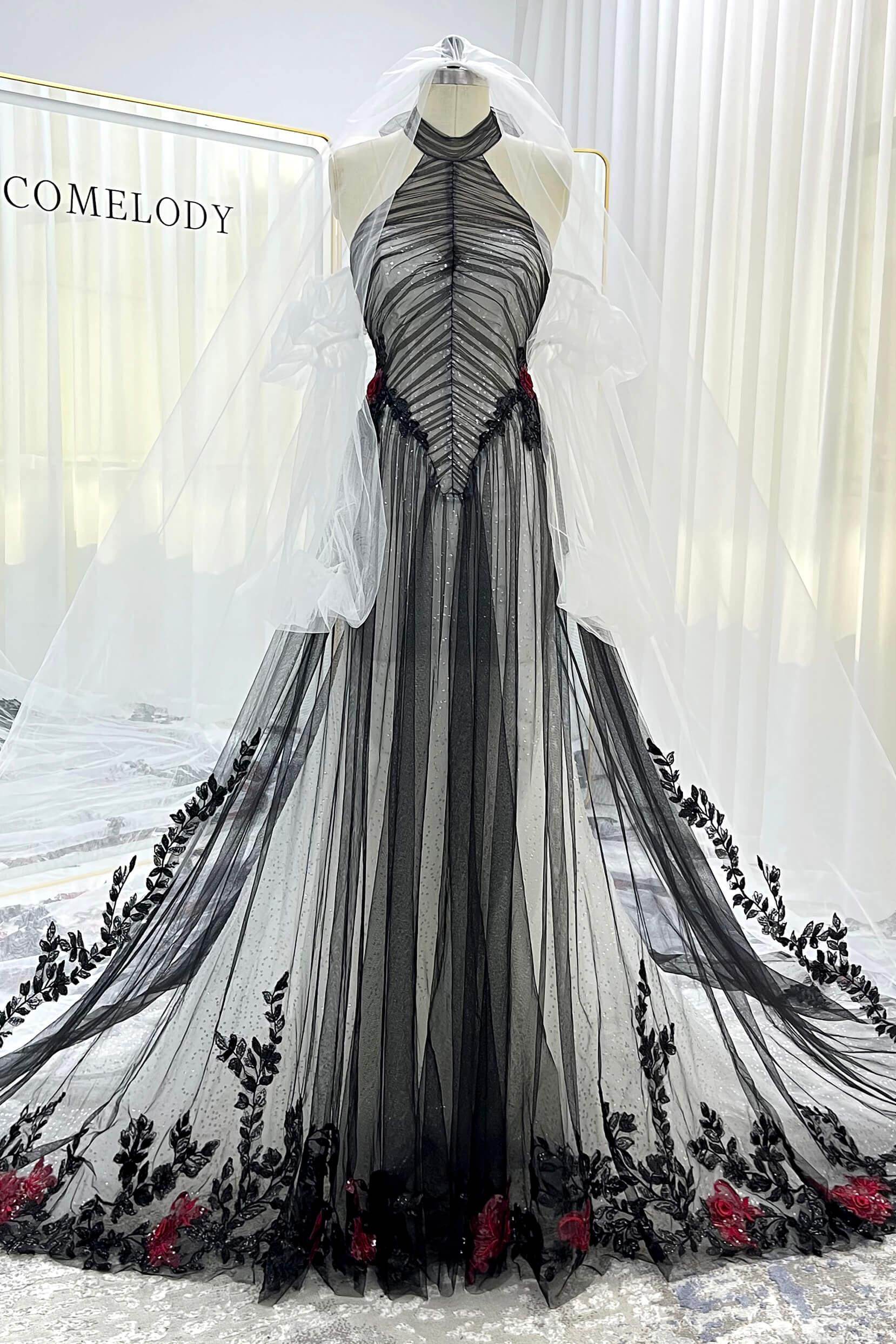 COCOMELODY A-Line Cathedral Train Glitter Sparkle Tulle Black Wedding Dress CW3349, 45 Days / Black / US20-UK22-EUR50 COCOMELODY A-Line Cathedral Train Glitter Sparkle Tulle Black Wedding Dress CW3349, 45 Days / Black / US20-UK22-EUR50