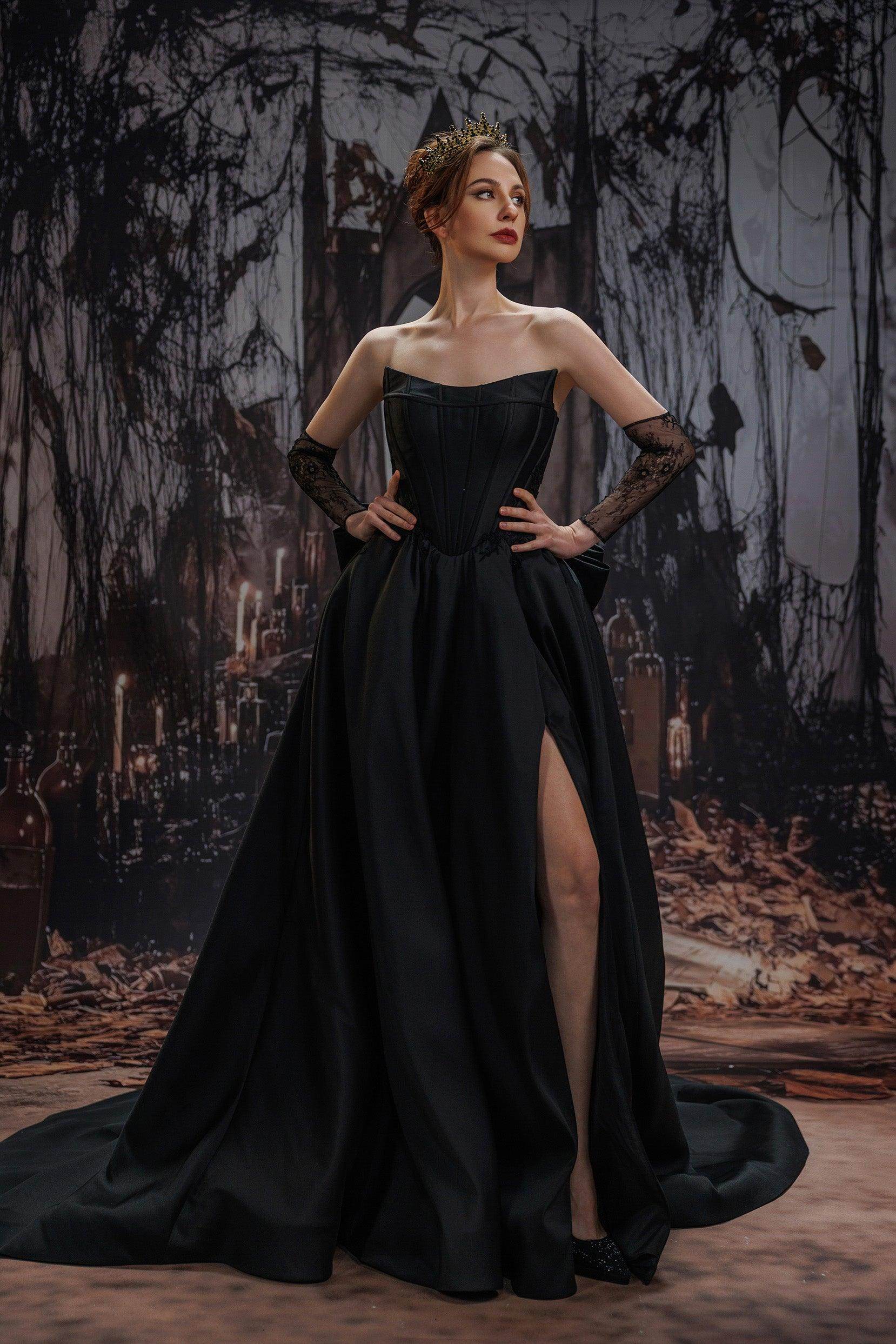 black dress madera county museum Long Strapless Black Wedding Dress A-Line Mikado Tulle with Split & Court Train COCOMELODY CW3350, 45 Days / Ivory / US10-UK12-EUR40