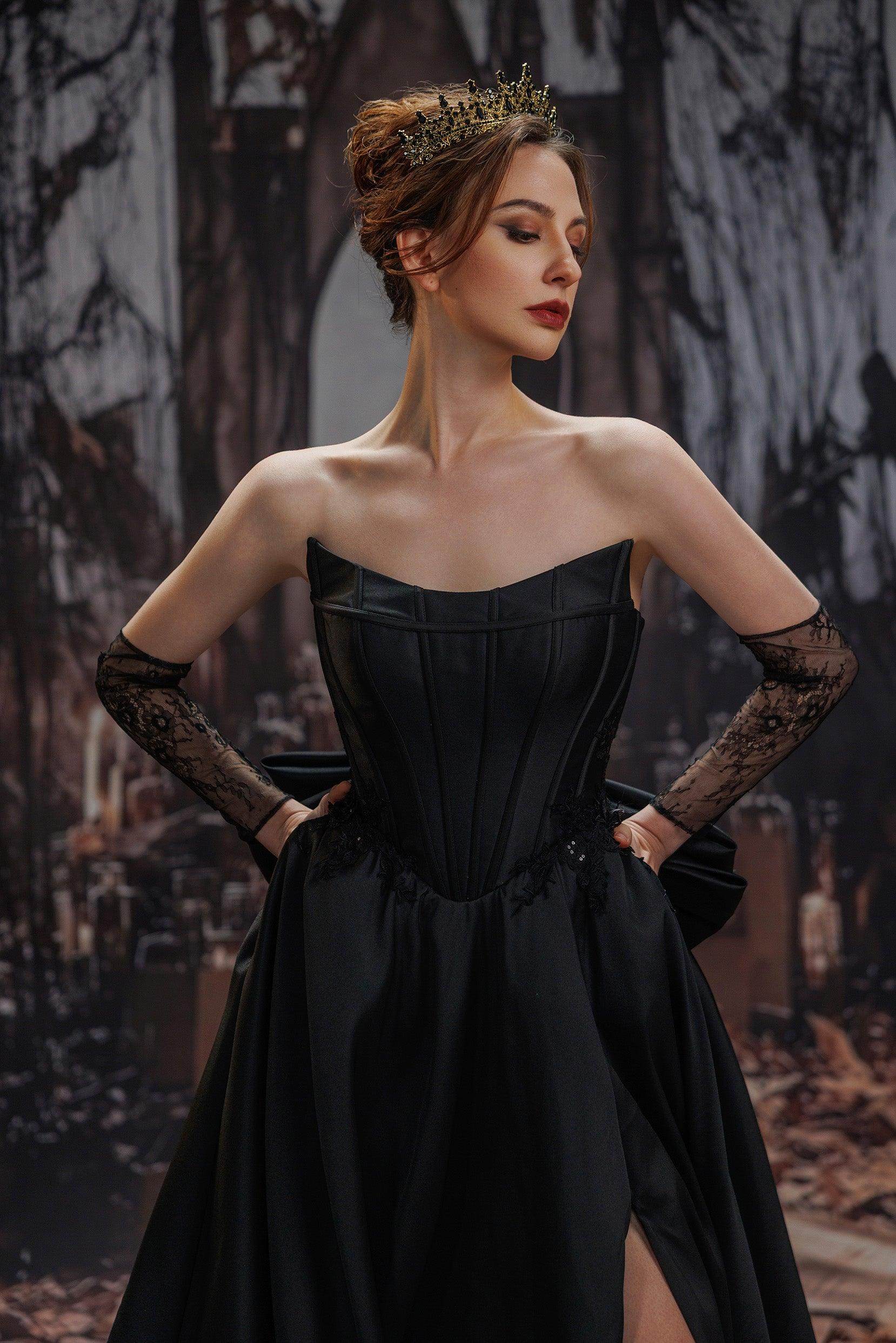 cocomelody black wedding dress Black A-Line Wedding Dress Off Shoulder Satin Lace Long Sleeve Court Train COCOMELODY CW3526, 45 Days / Black / US22-UK24-EUR52