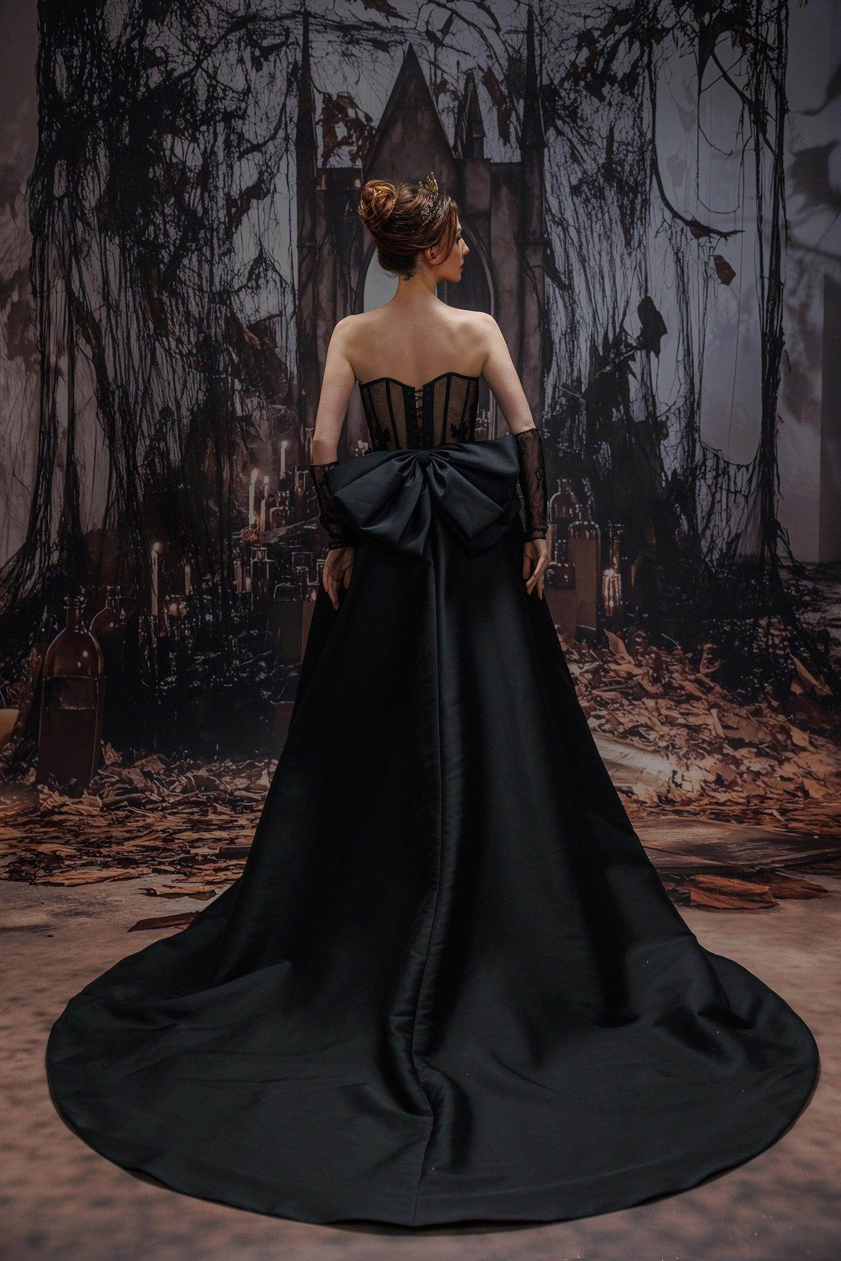 cocomelody black wedding dress Long Strapless Black Wedding Dress A-Line Mikado Tulle with Split & Court Train COCOMELODY CW3350, 45 Days / Ivory / US10-UK12-EUR40
